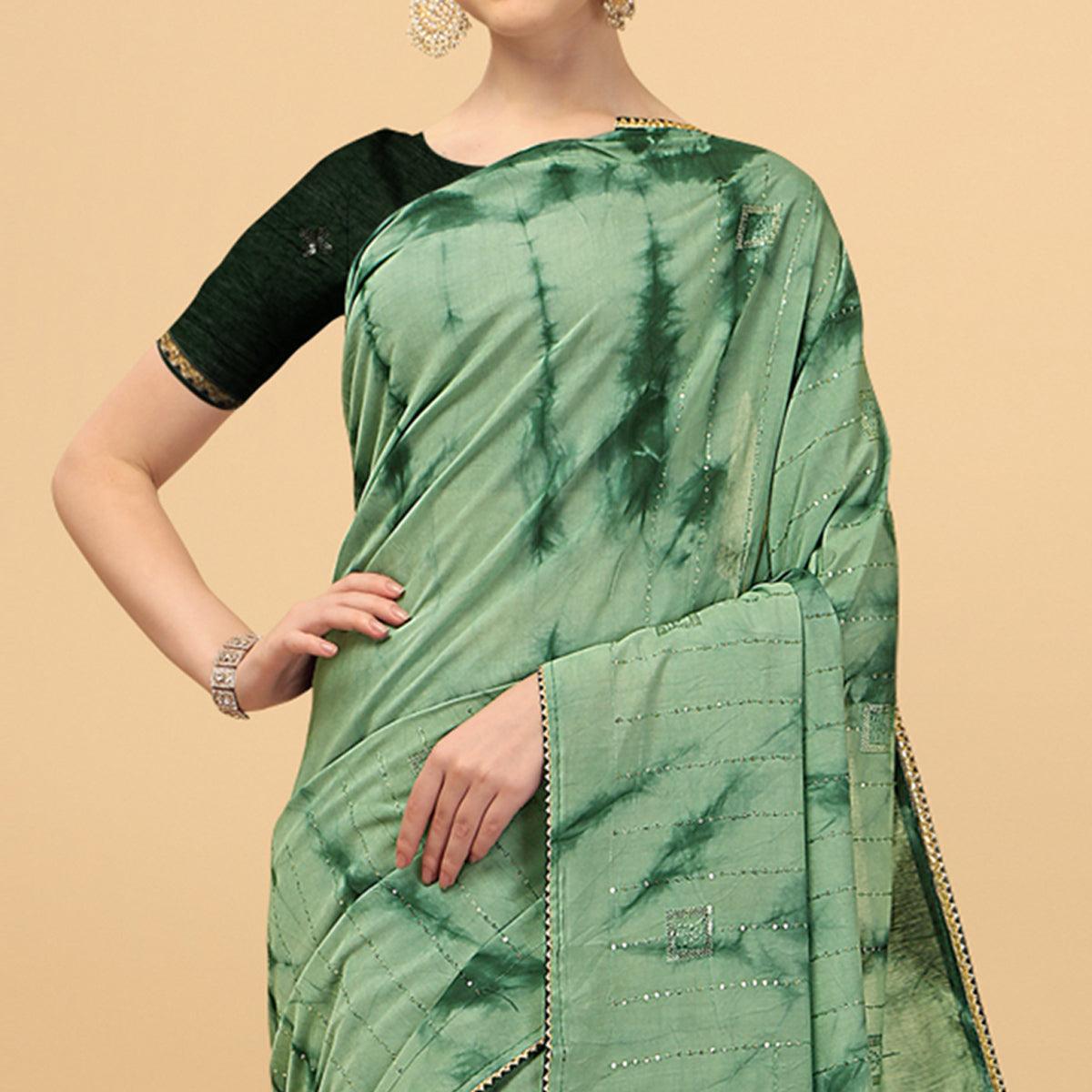Light Green Sequence Embroidered Chanderi Saree - Peachmode