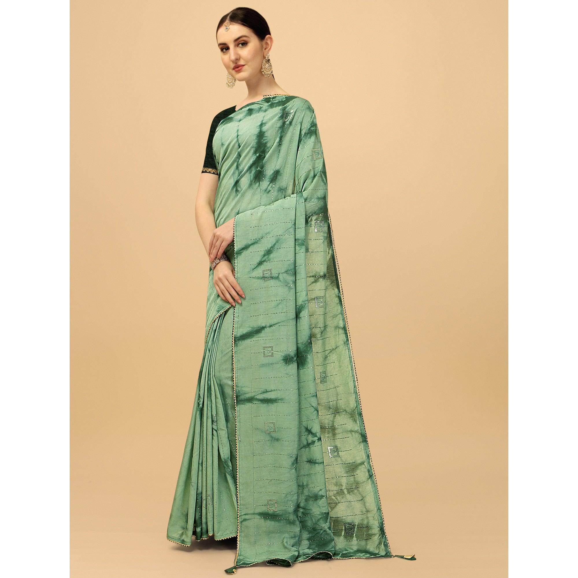 Light Green Sequence Embroidered Chanderi Saree - Peachmode