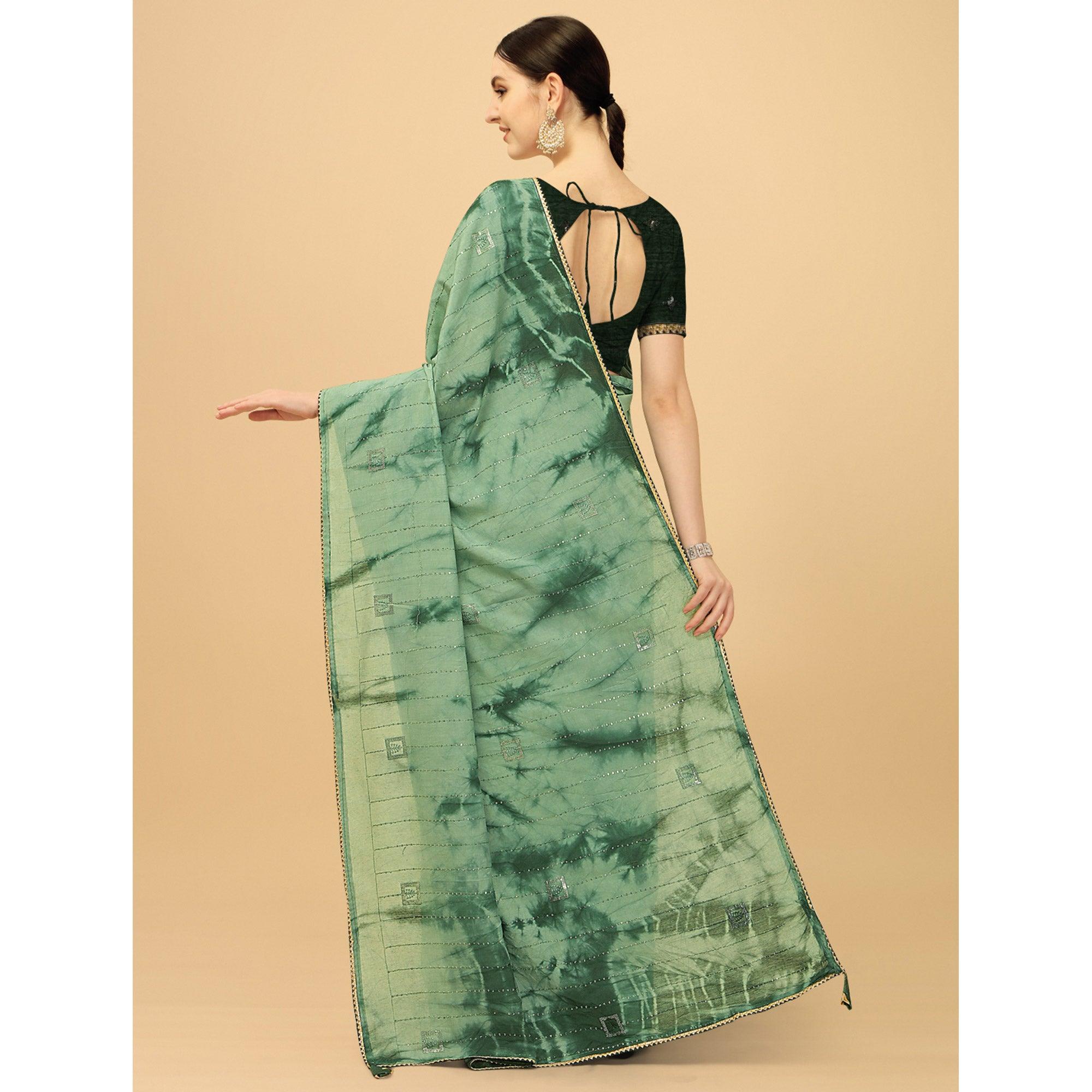 Light Green Sequence Embroidered Chanderi Saree - Peachmode