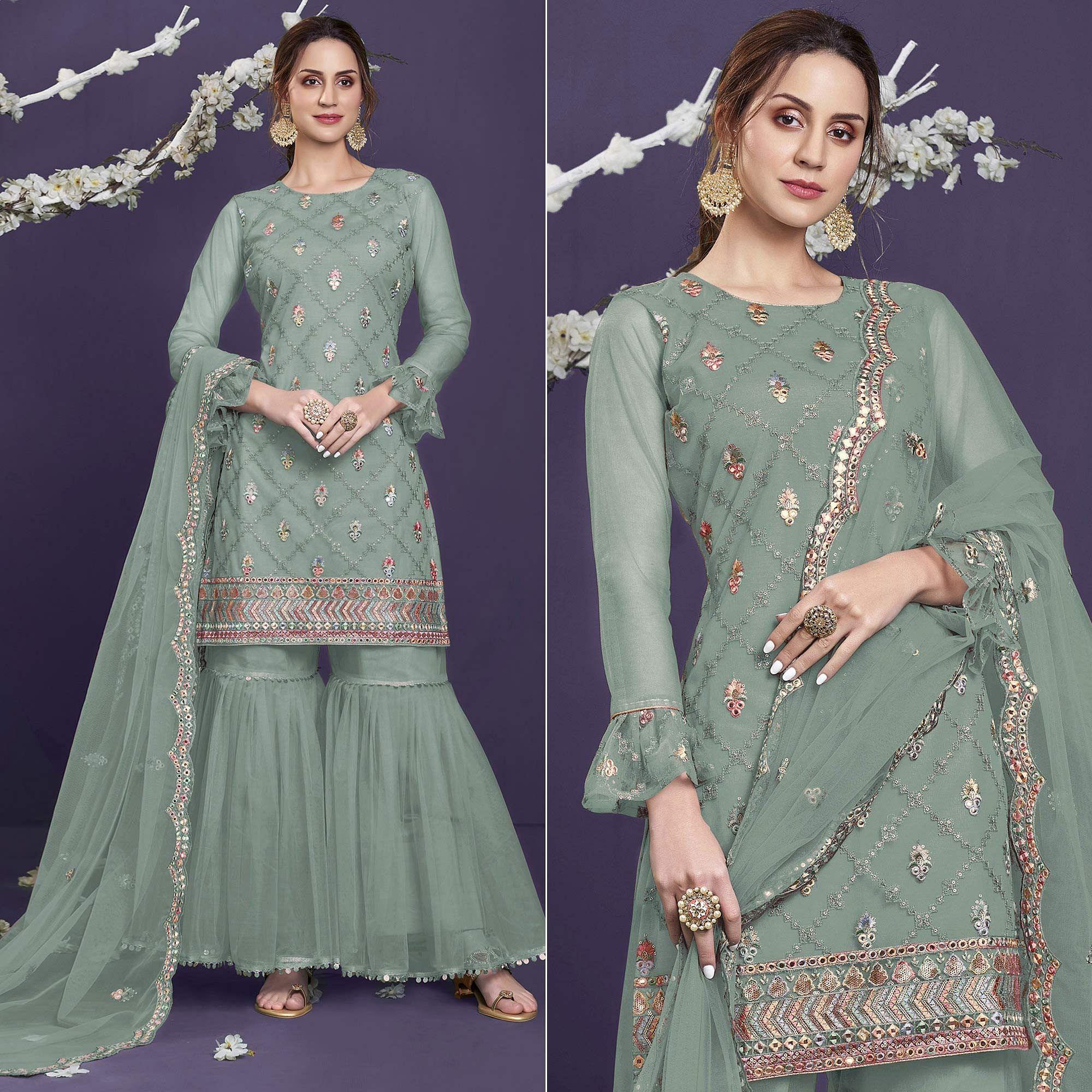 Light Green Sequence Embroidered Netted Sharara Suit - Peachmode