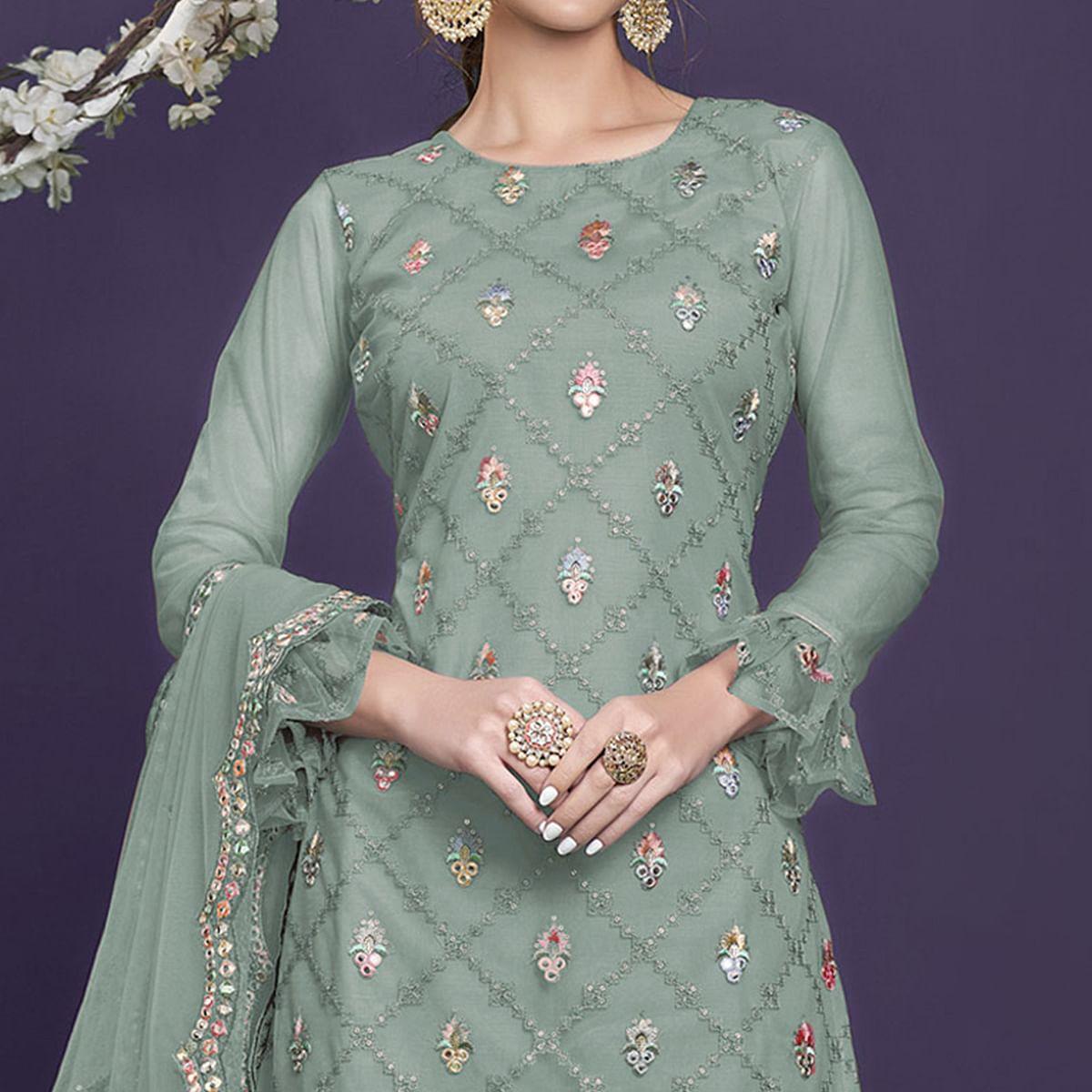 Light Green Sequence Embroidered Netted Sharara Suit - Peachmode