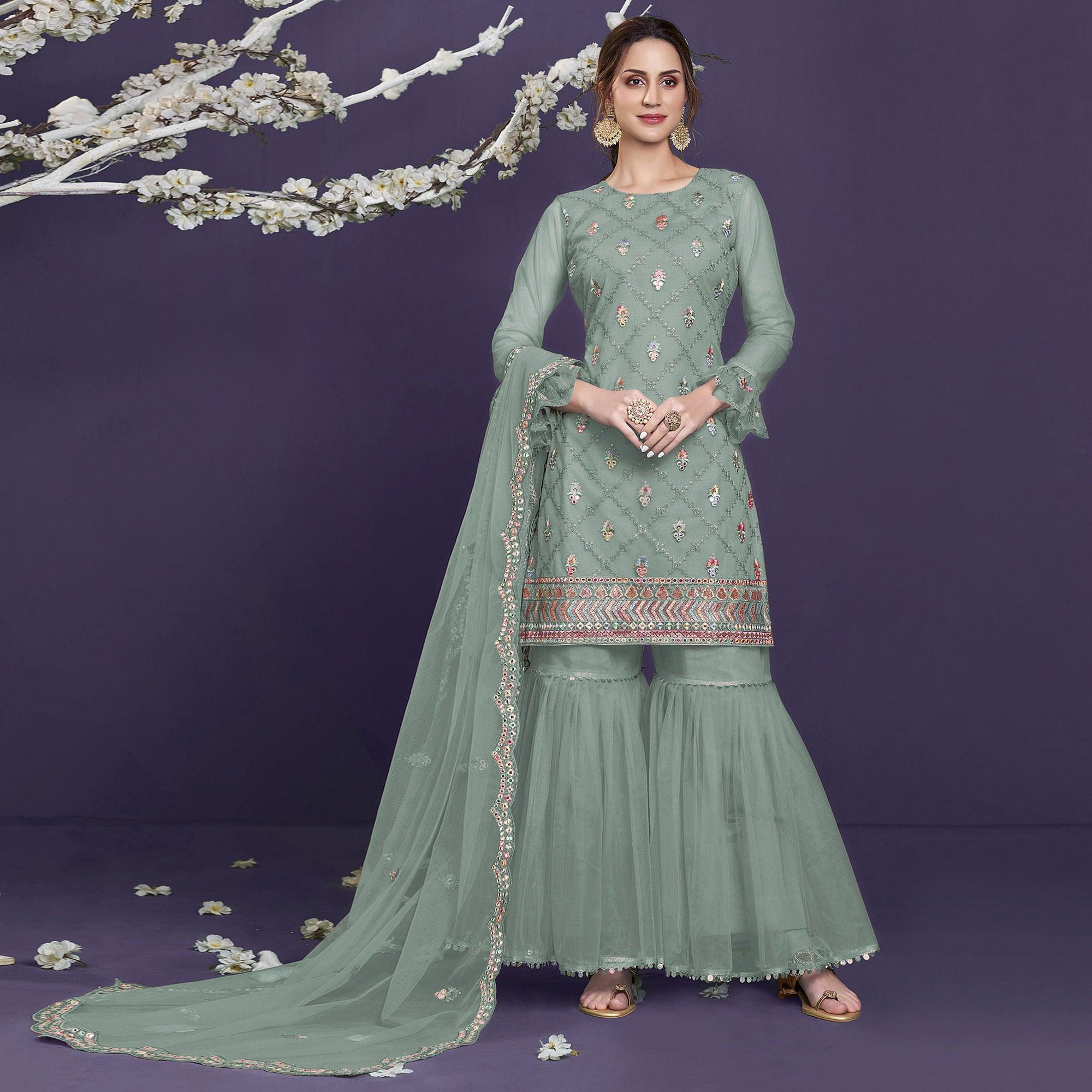 Light Green Sequence Embroidered Netted Sharara Suit - Peachmode