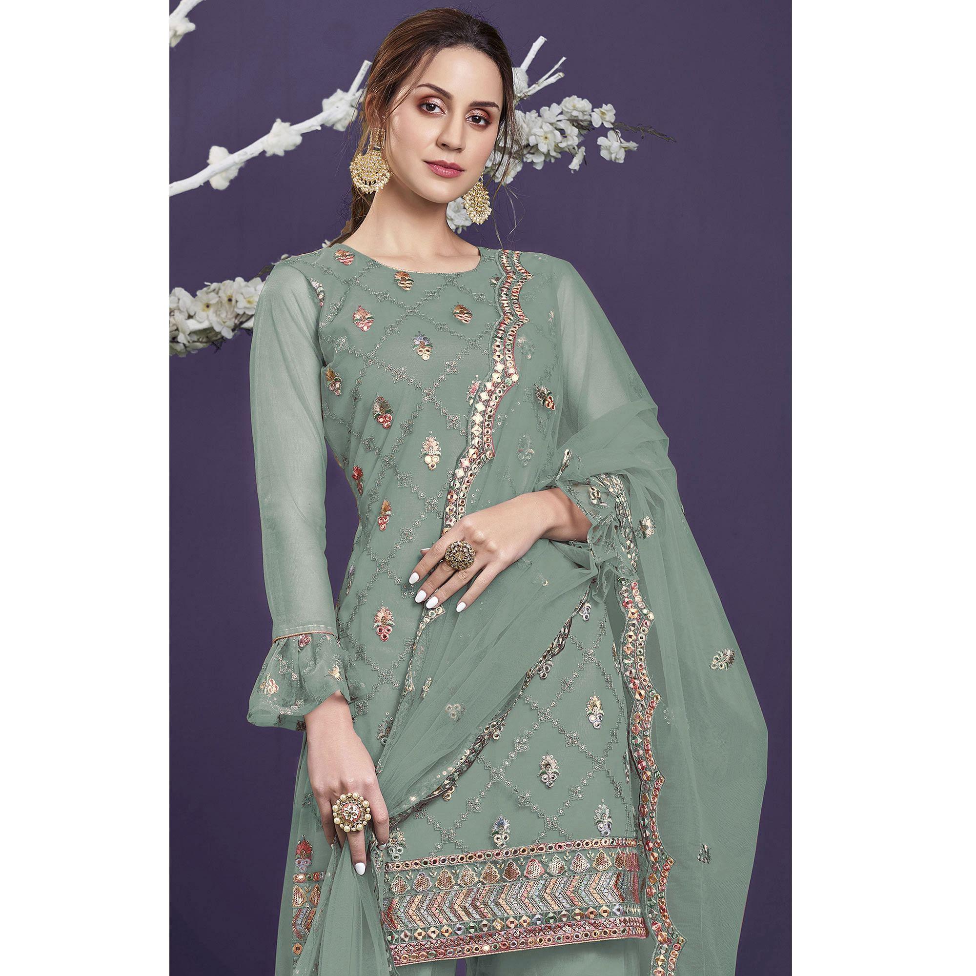 Light Green Sequence Embroidered Netted Sharara Suit - Peachmode