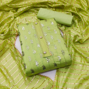 Light Green Sequence Embroidered Pure Cotton Dress Material - Peachmode