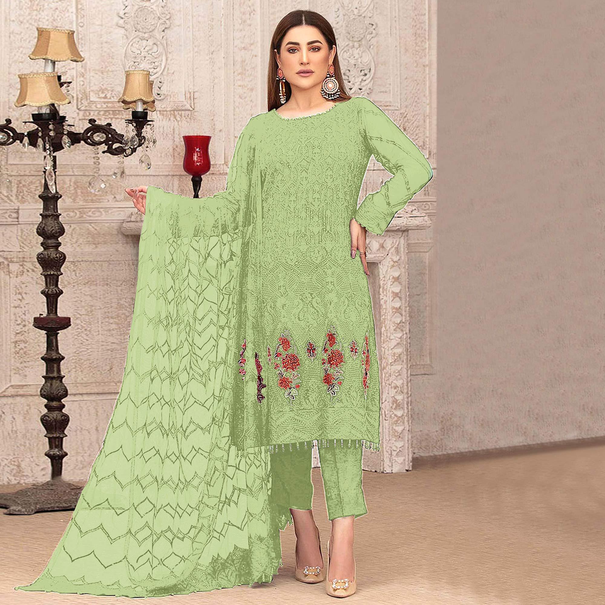 Light Green Sequence With Floral Embroidered Georgette Pakistani Suit - Peachmode