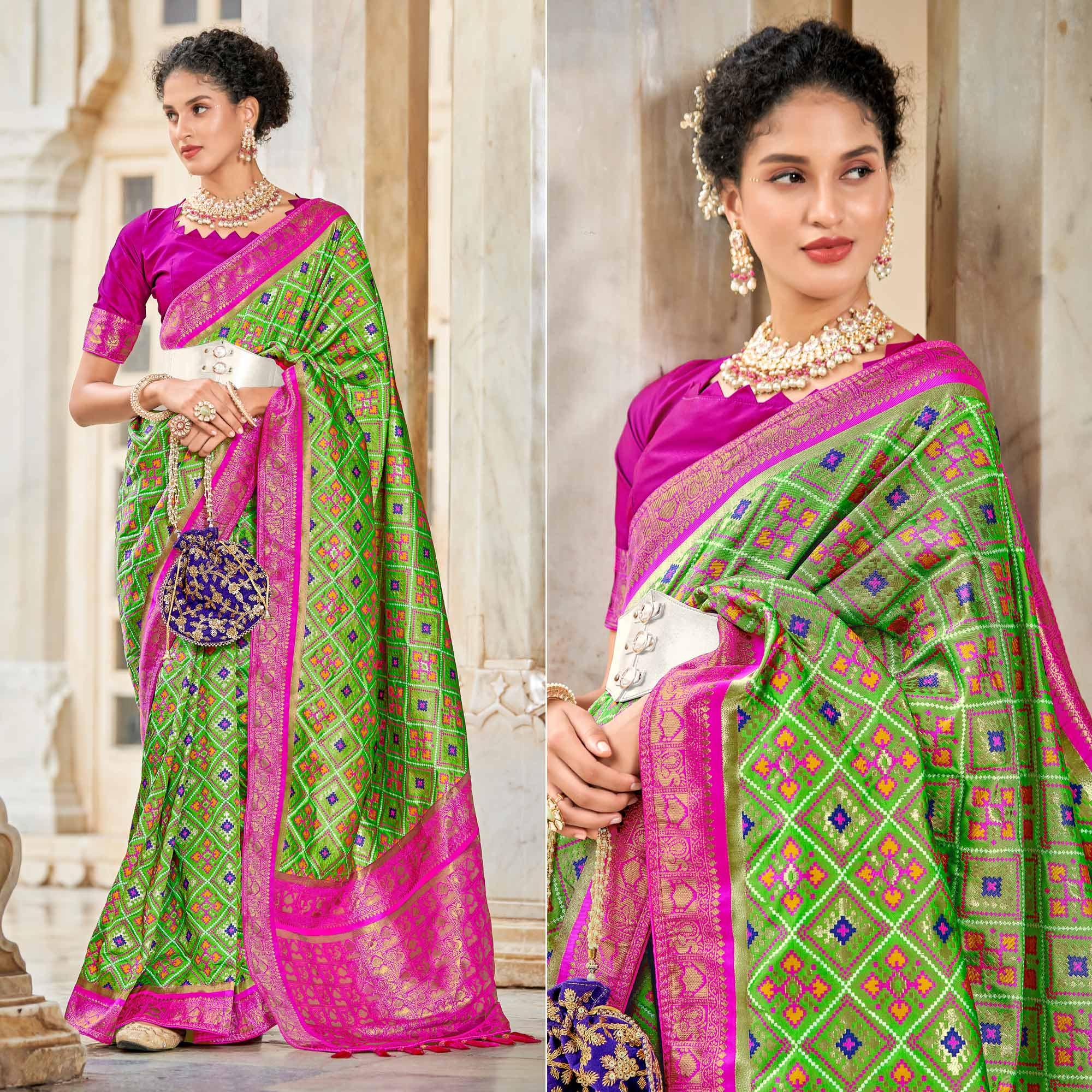 Light Green Woven Art Silk Patola Saree With Tassels - Peachmode