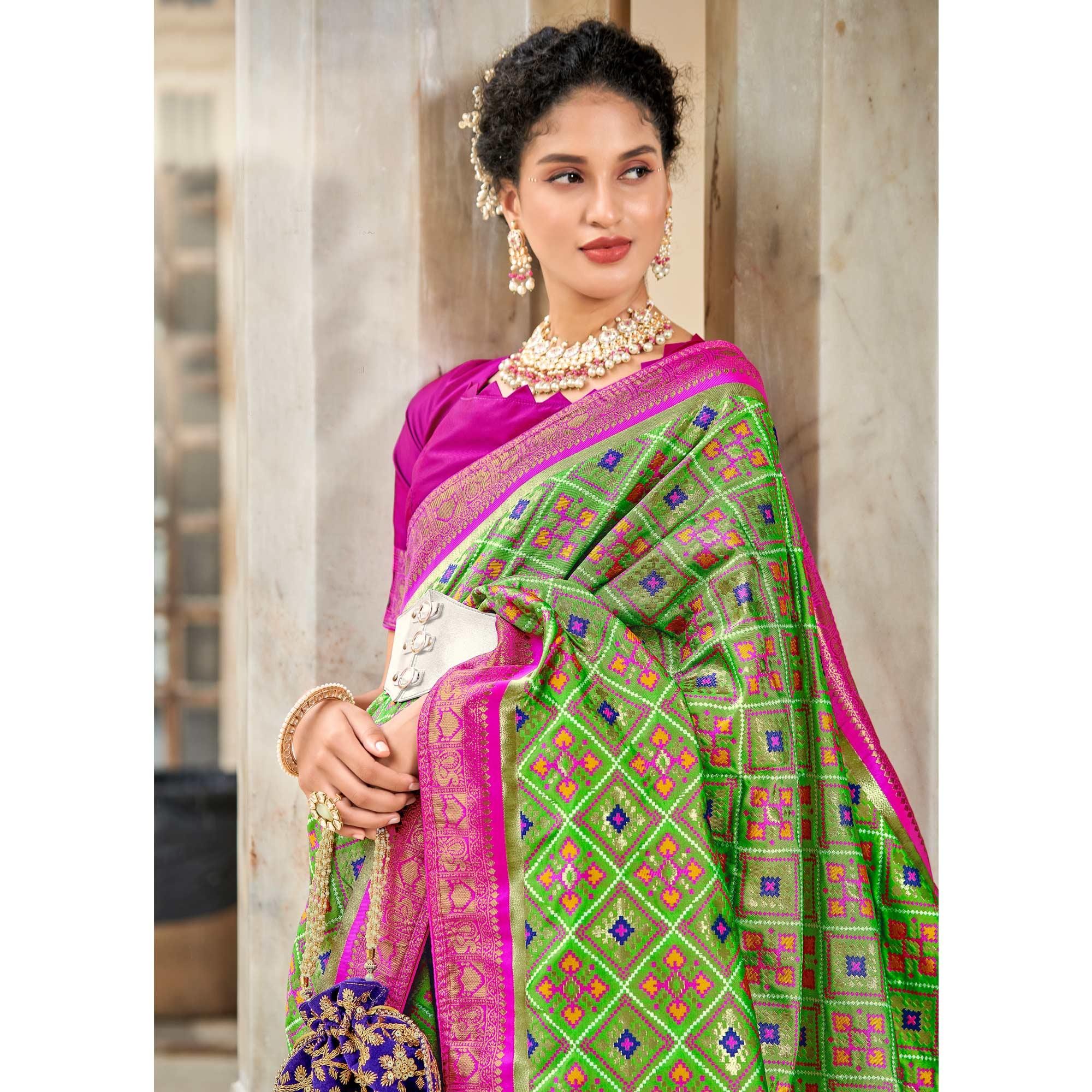 Light Green Woven Art Silk Patola Saree With Tassels - Peachmode