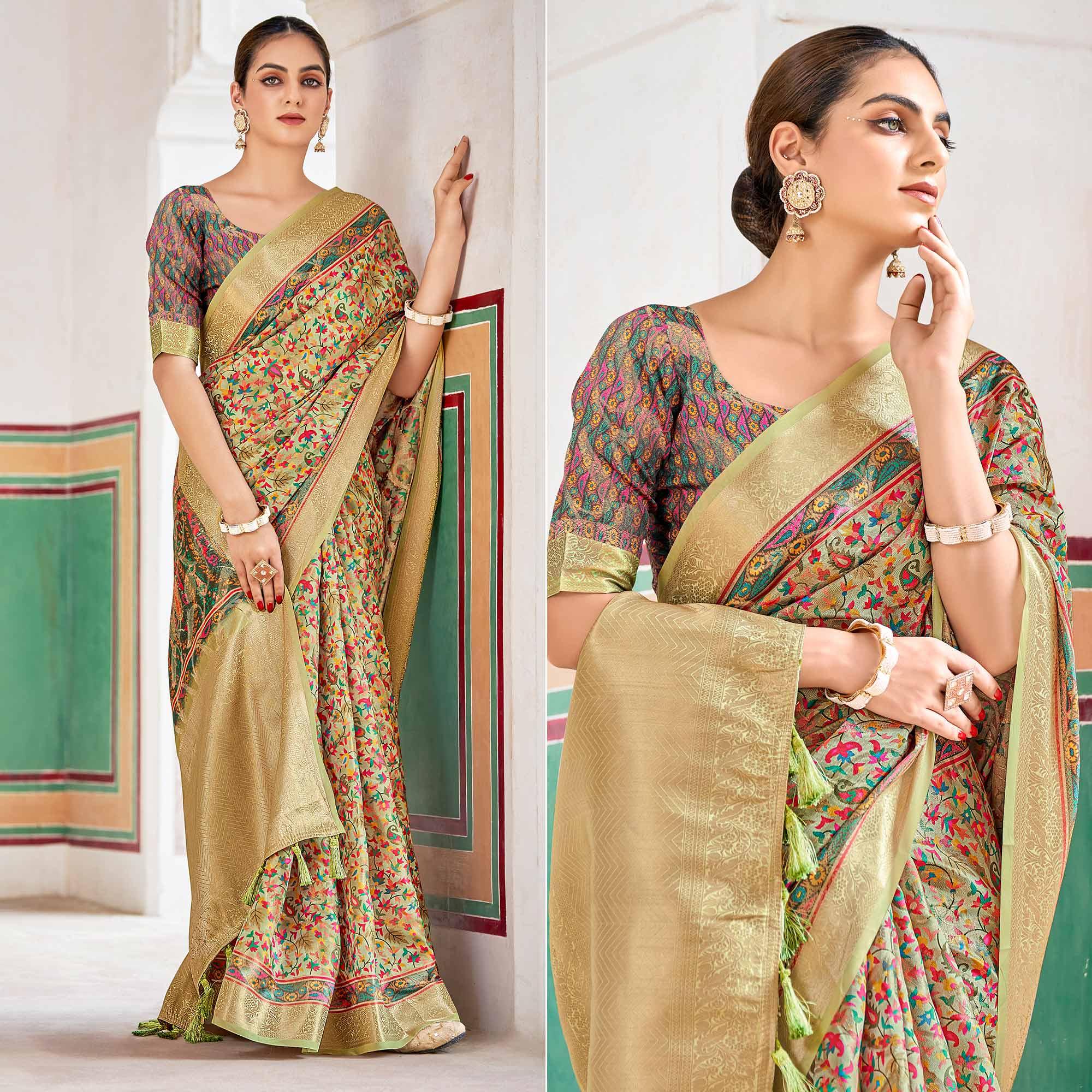 Light Green Woven Art Silk Saree With Tassels - Peachmode