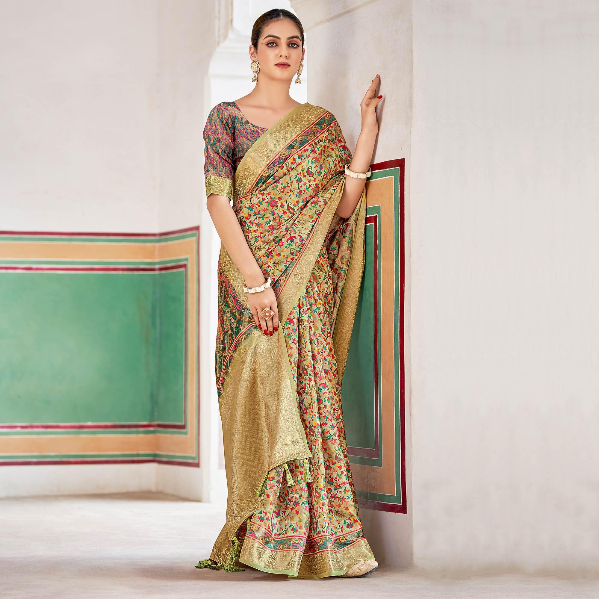 Light Green Woven Art Silk Saree With Tassels - Peachmode