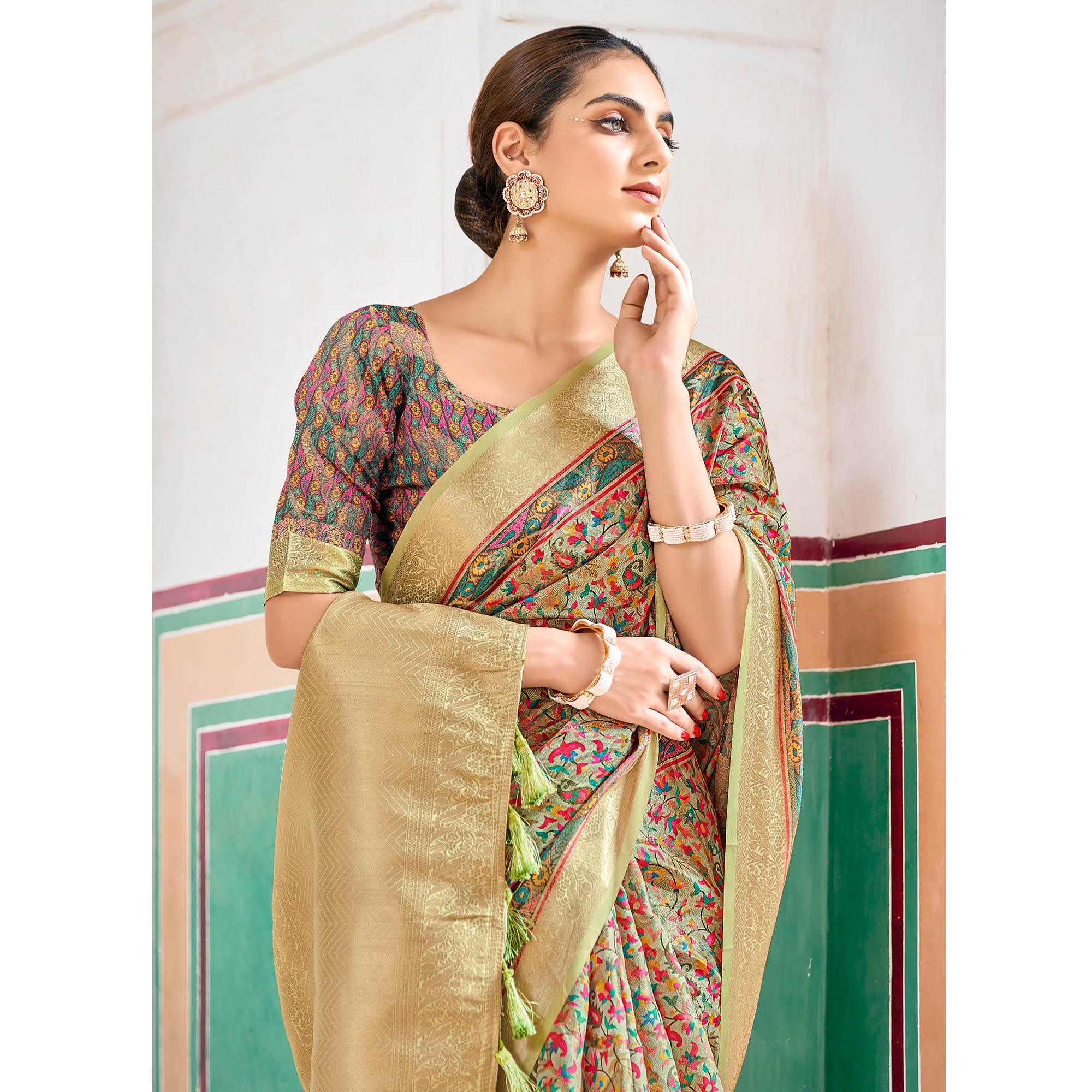Light Green Woven Art Silk Saree With Tassels - Peachmode