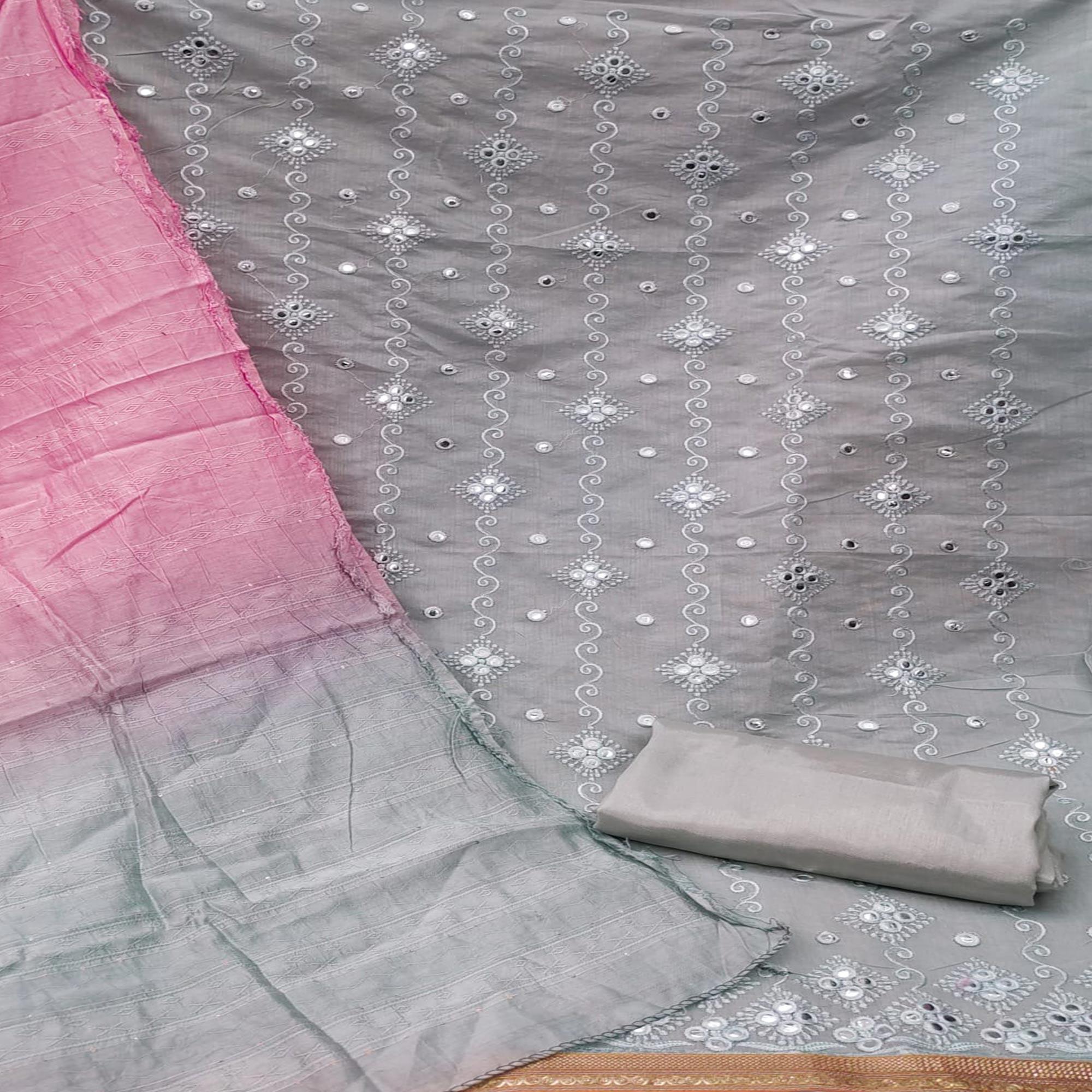 Light Grey Casual Wear Embroidered Chanderi Dress Material - Peachmode