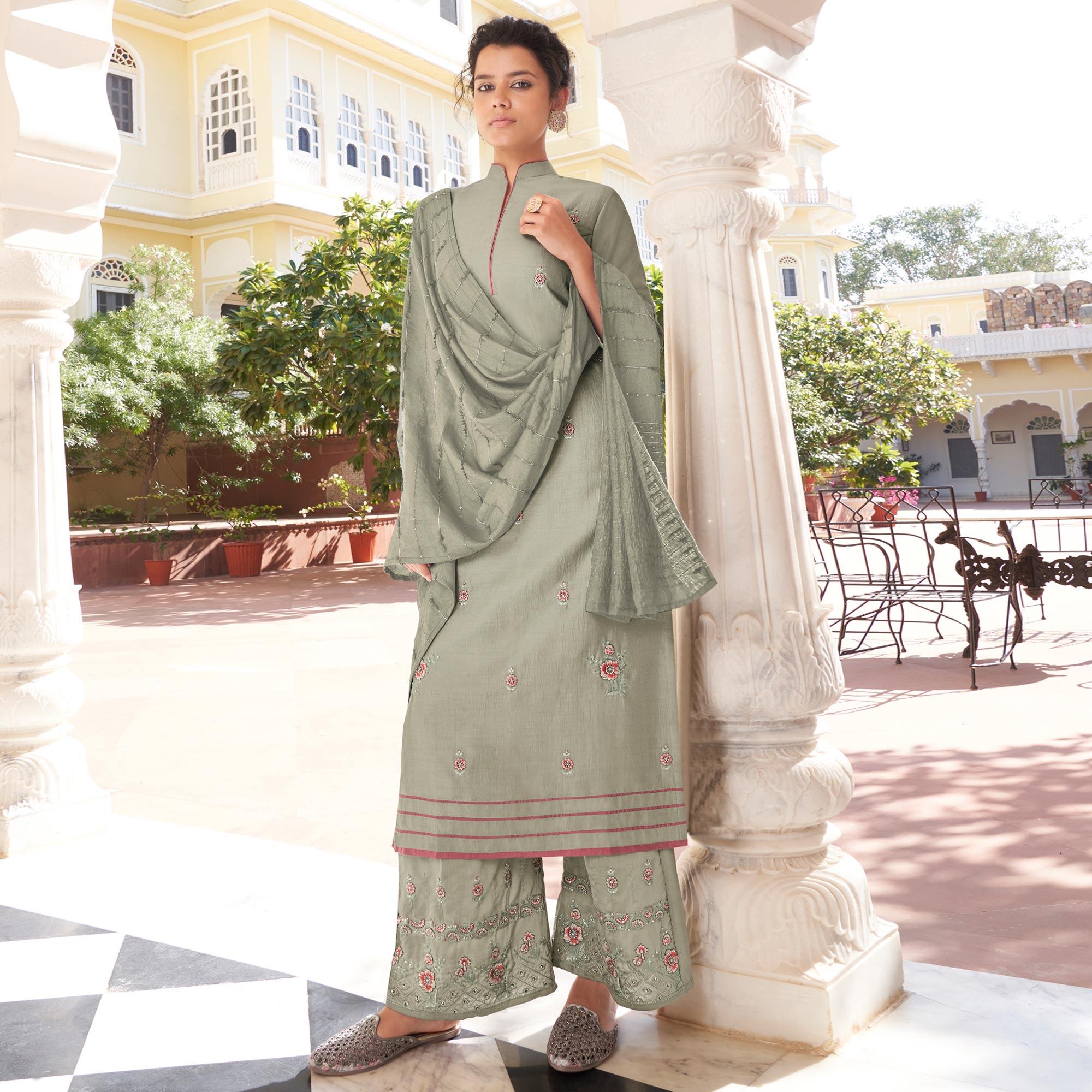 Light Grey Casual Wear Embroidered Pure Modal Viscose Palazzo Suit - Peachmode