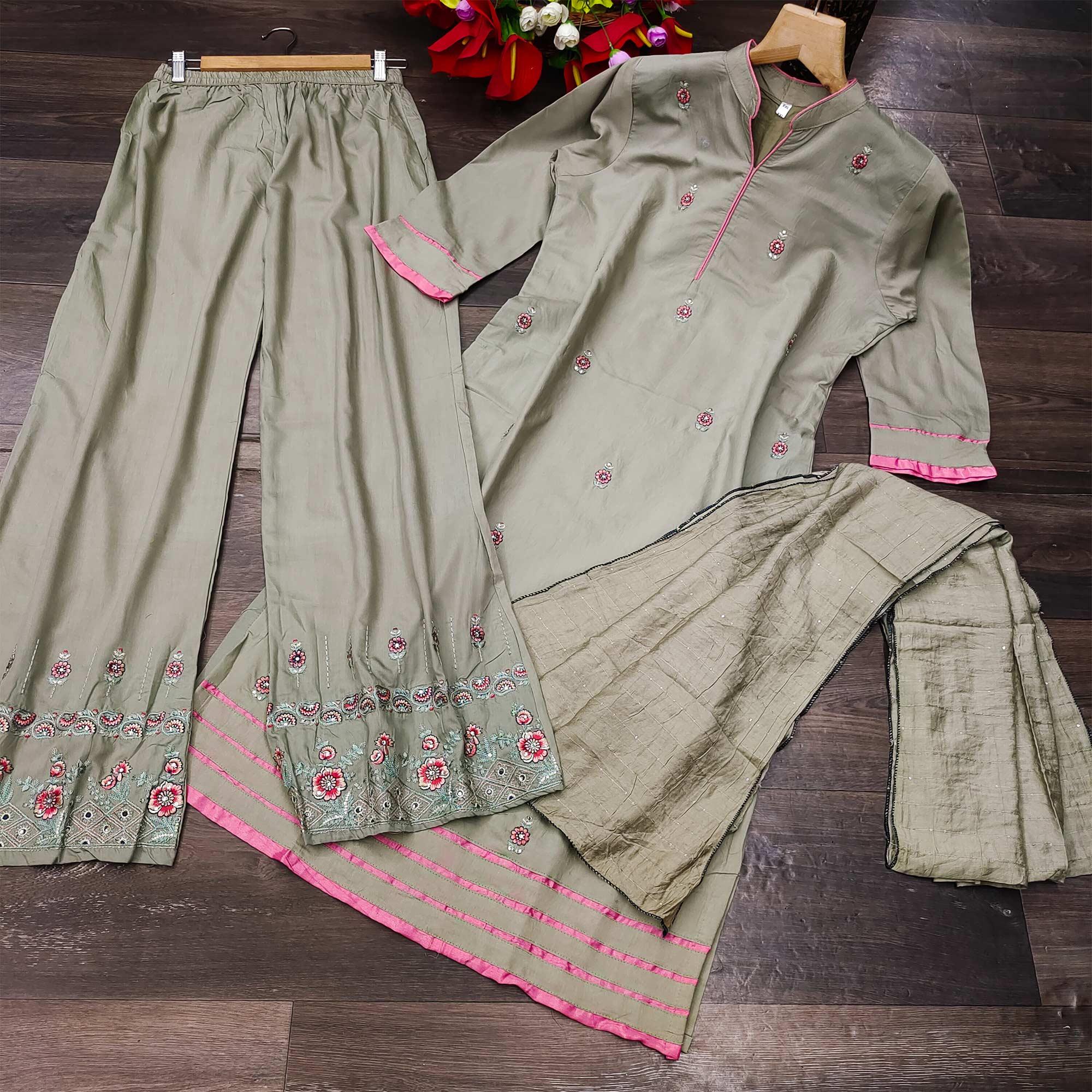 Light Grey Casual Wear Embroidered Pure Modal Viscose Palazzo Suit - Peachmode