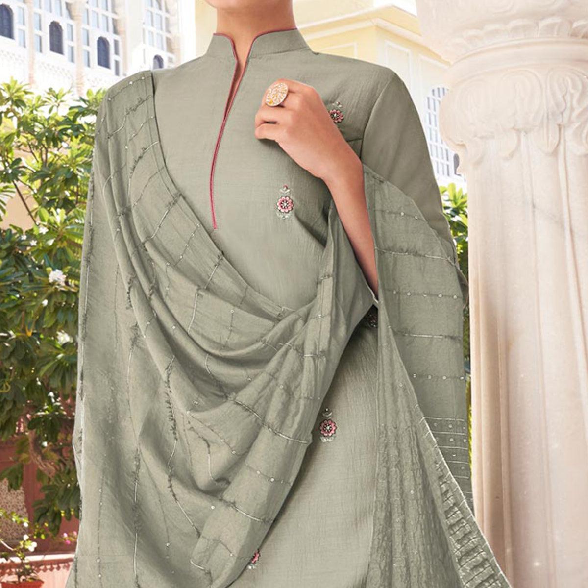 Light Grey Casual Wear Embroidered Pure Modal Viscose Palazzo Suit - Peachmode