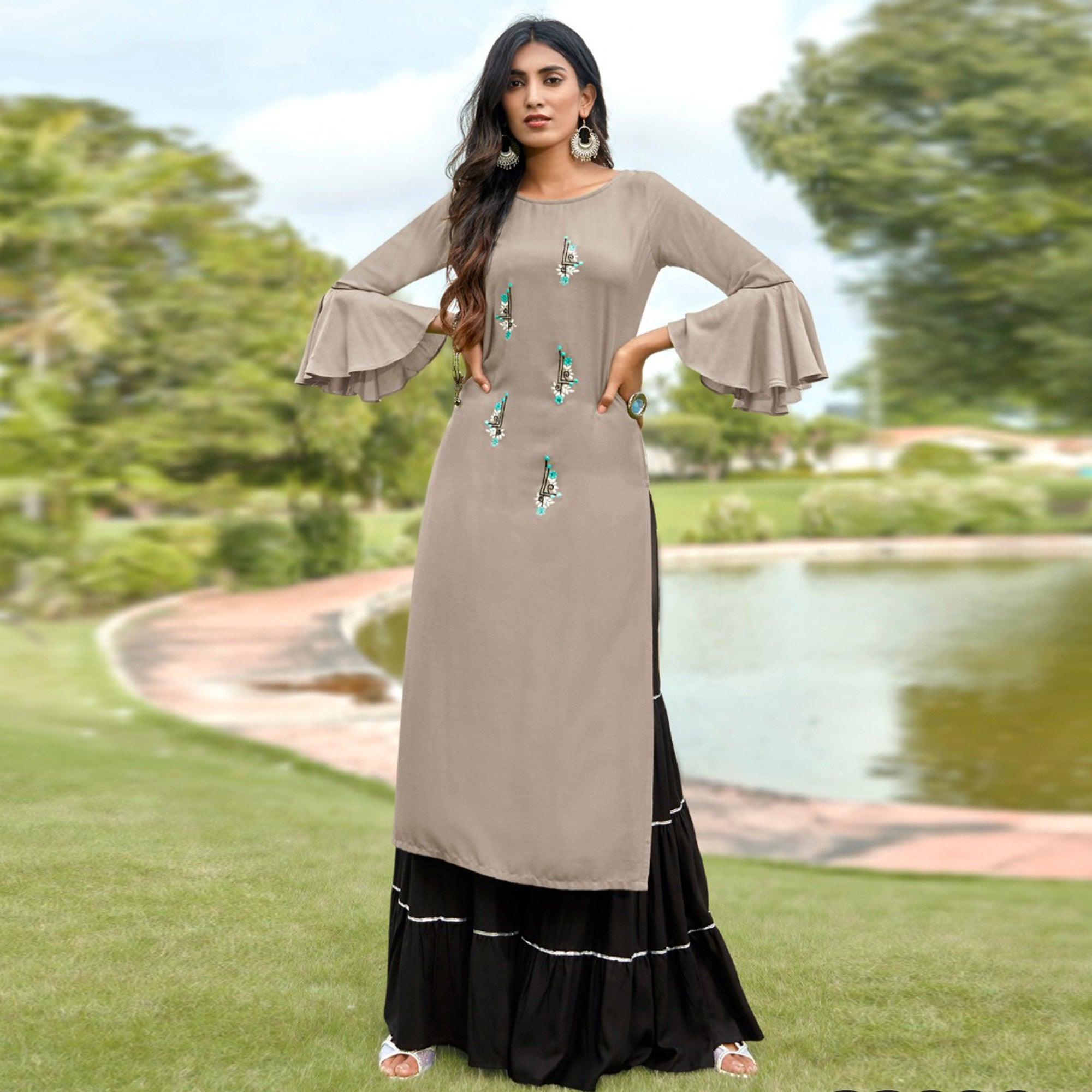 Light Grey Casual Wear Embroidered Rayon Palazzo Suit - Peachmode
