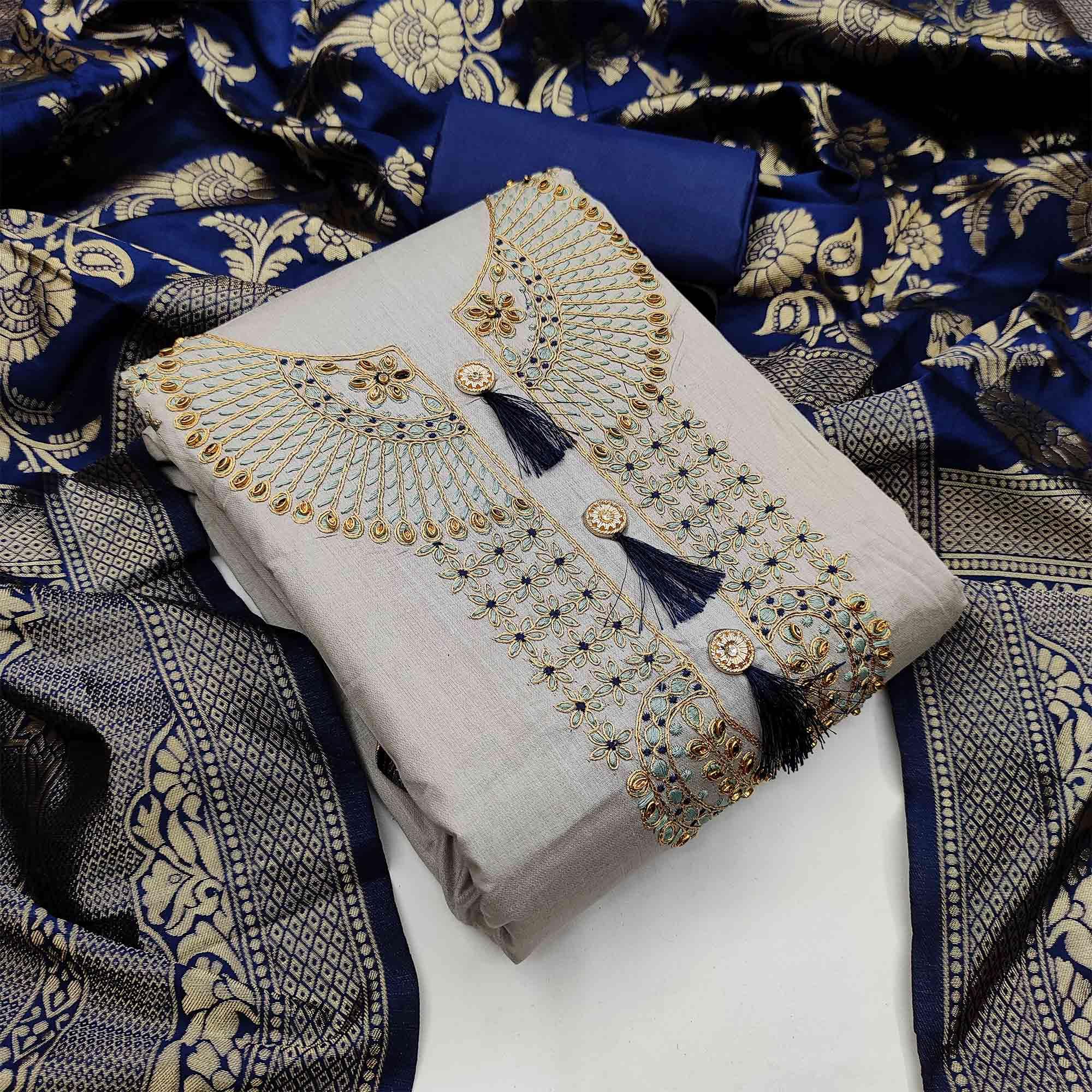 Light Grey Casual Wear Floral Embroidery Cotton Dress Material - Peachmode