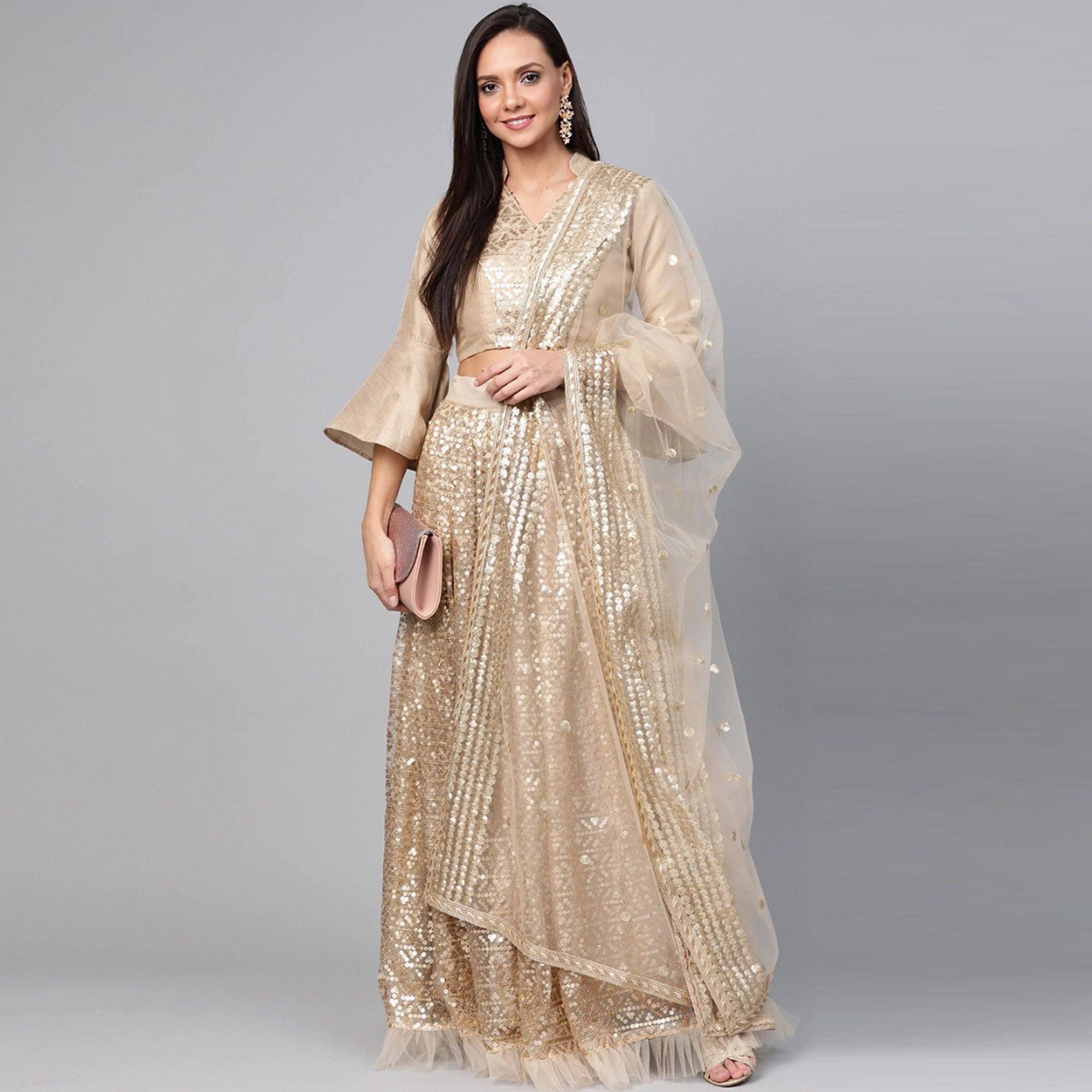 Light Grey Designer Wedding Wear Thread Zari Work Soft Net Lehenga Choli - Peachmode