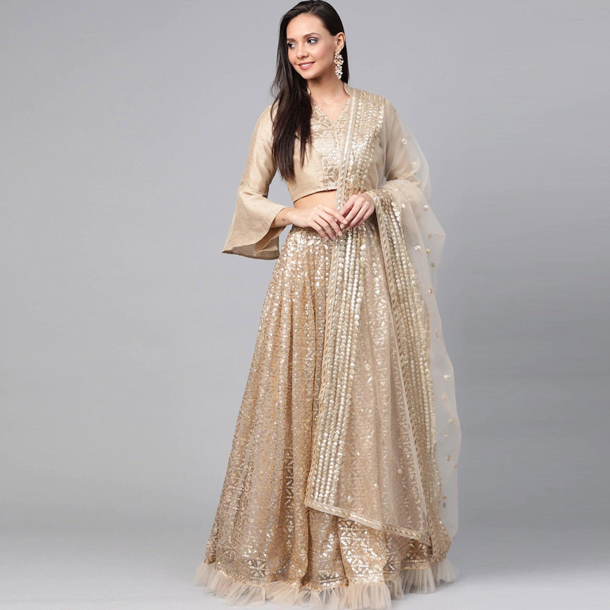 Light Grey Designer Wedding Wear Thread Zari Work Soft Net Lehenga Choli - Peachmode