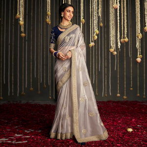 Light Grey Embroidered Art Silk Saree With Tassels - Peachmode