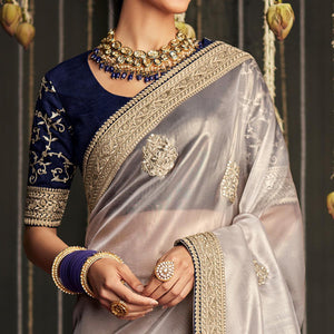 Light Grey Embroidered Art Silk Saree With Tassels - Peachmode