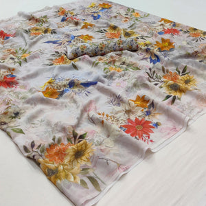 Light Grey Floral Digital Printed Georgette Saree - Peachmode