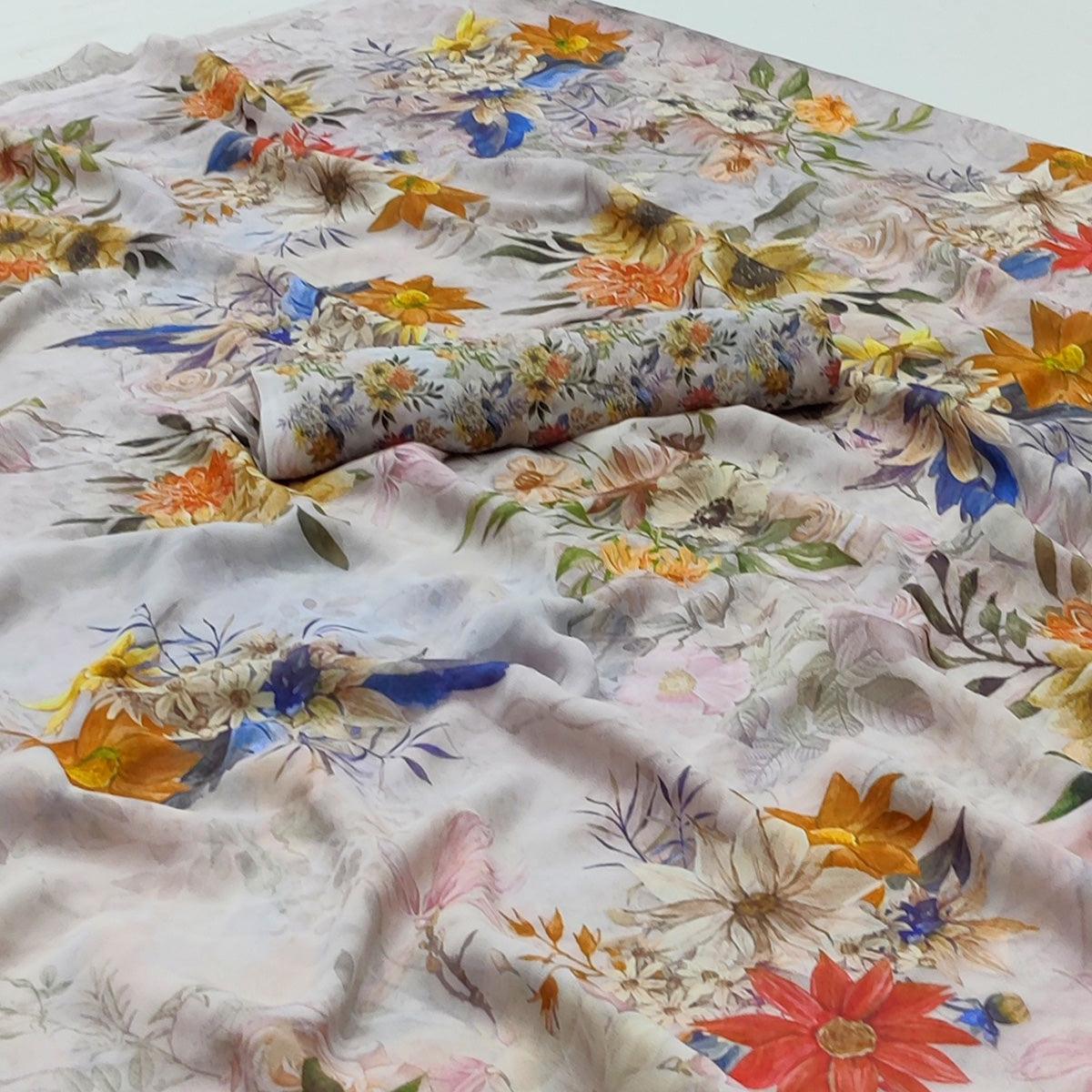 Light Grey Floral Digital Printed Georgette Saree - Peachmode
