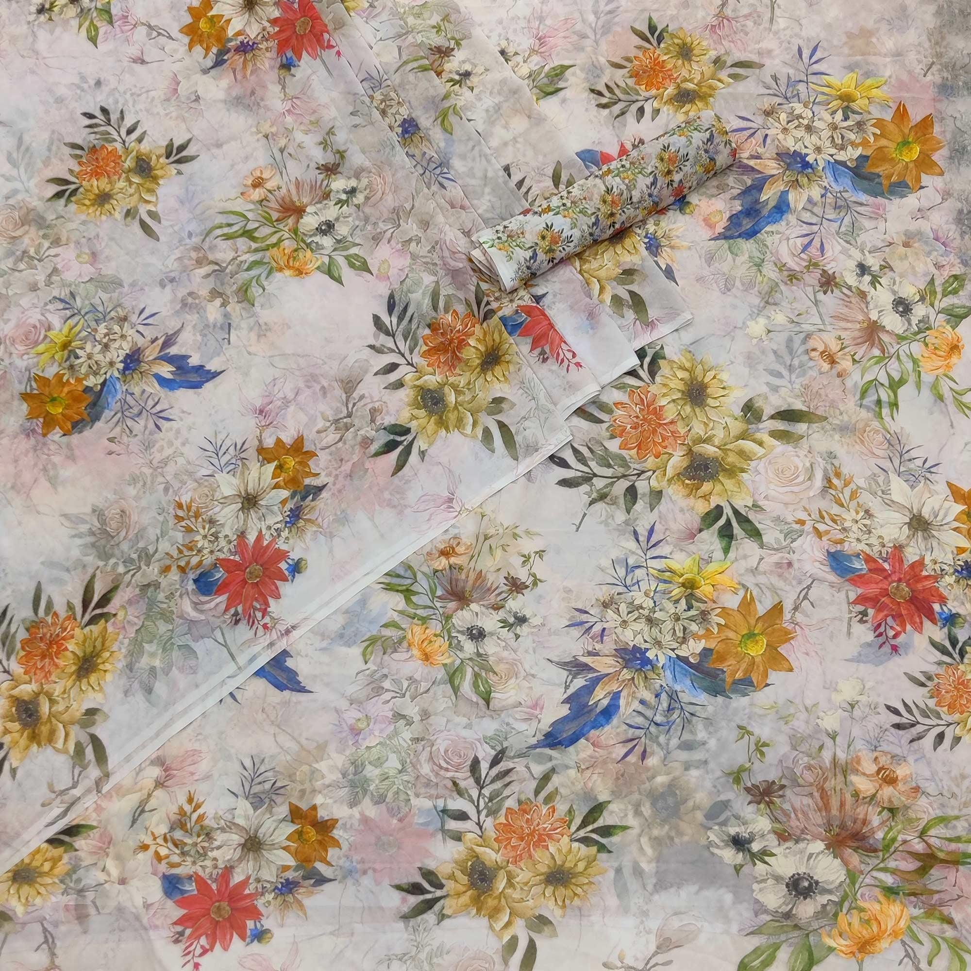 Light Grey Floral Digital Printed Georgette Saree - Peachmode