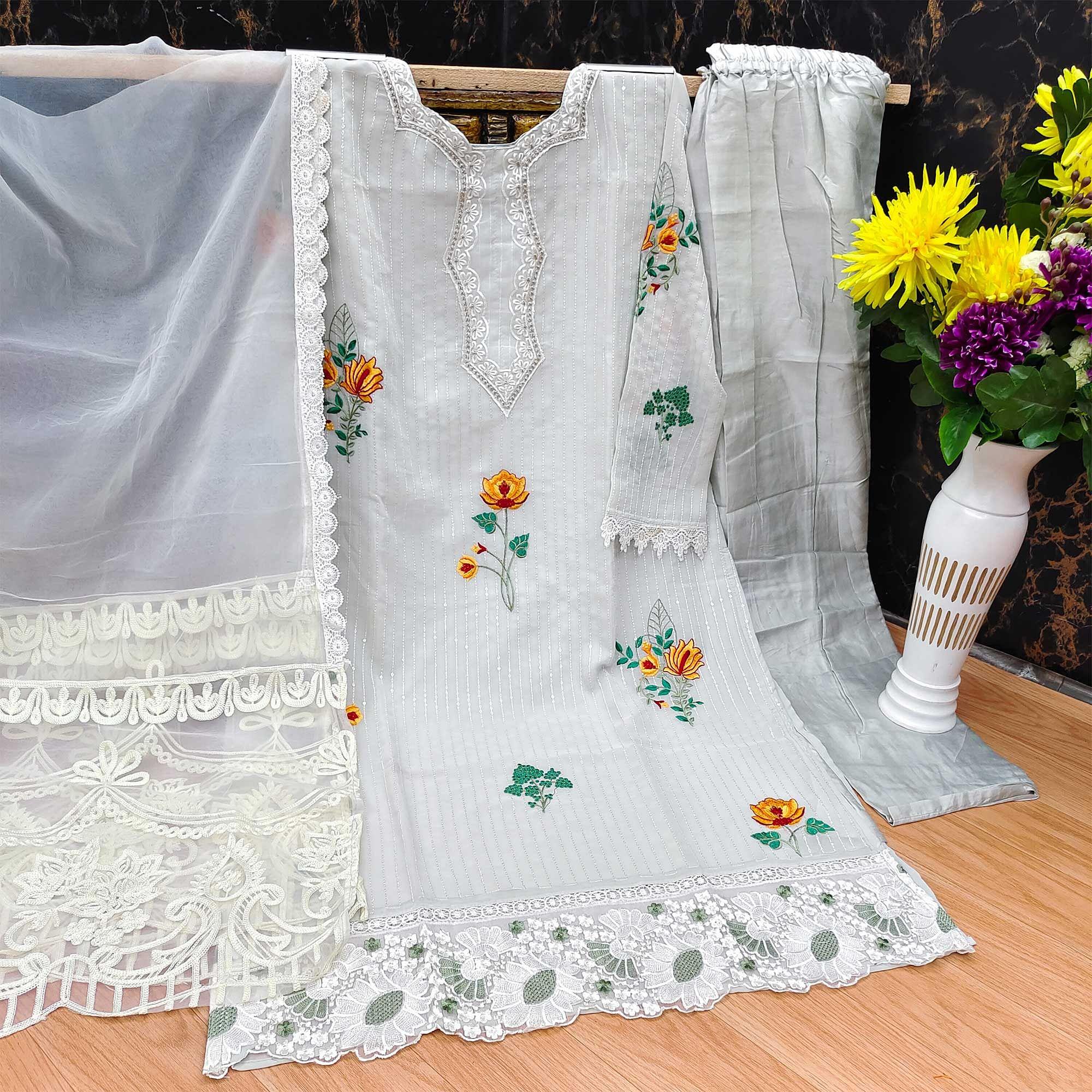 Light Grey Floral Embroidered Georgette Pakistani Suit - Peachmode