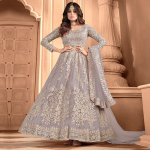 Light Grey Partywear Floral Embroidered Net Anarkali Suit - Peachmode