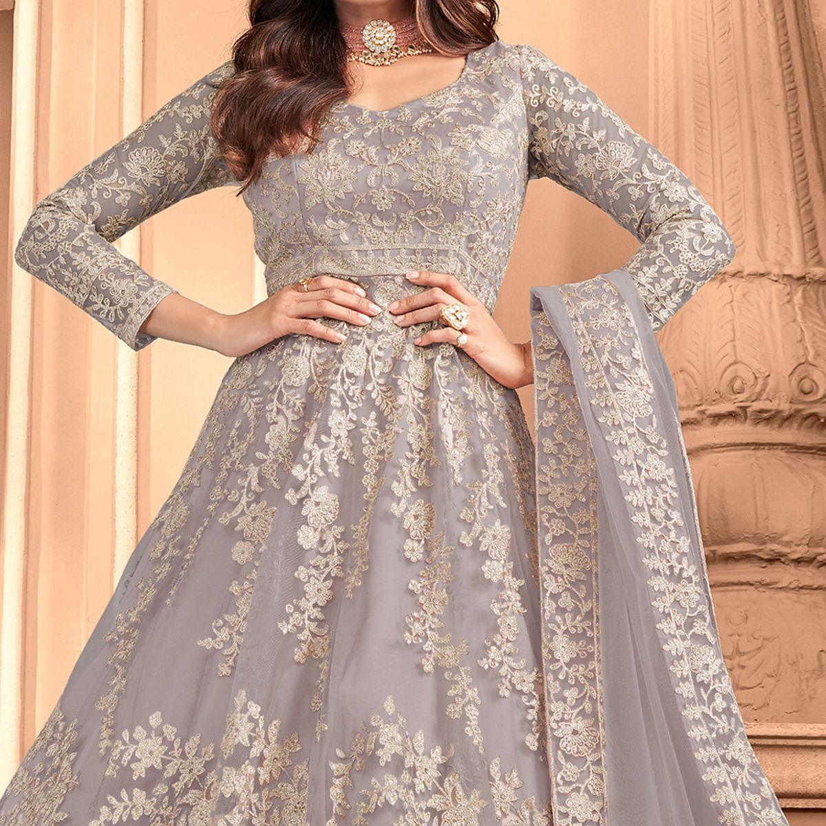 Light Grey Partywear Floral Embroidered Net Anarkali Suit - Peachmode