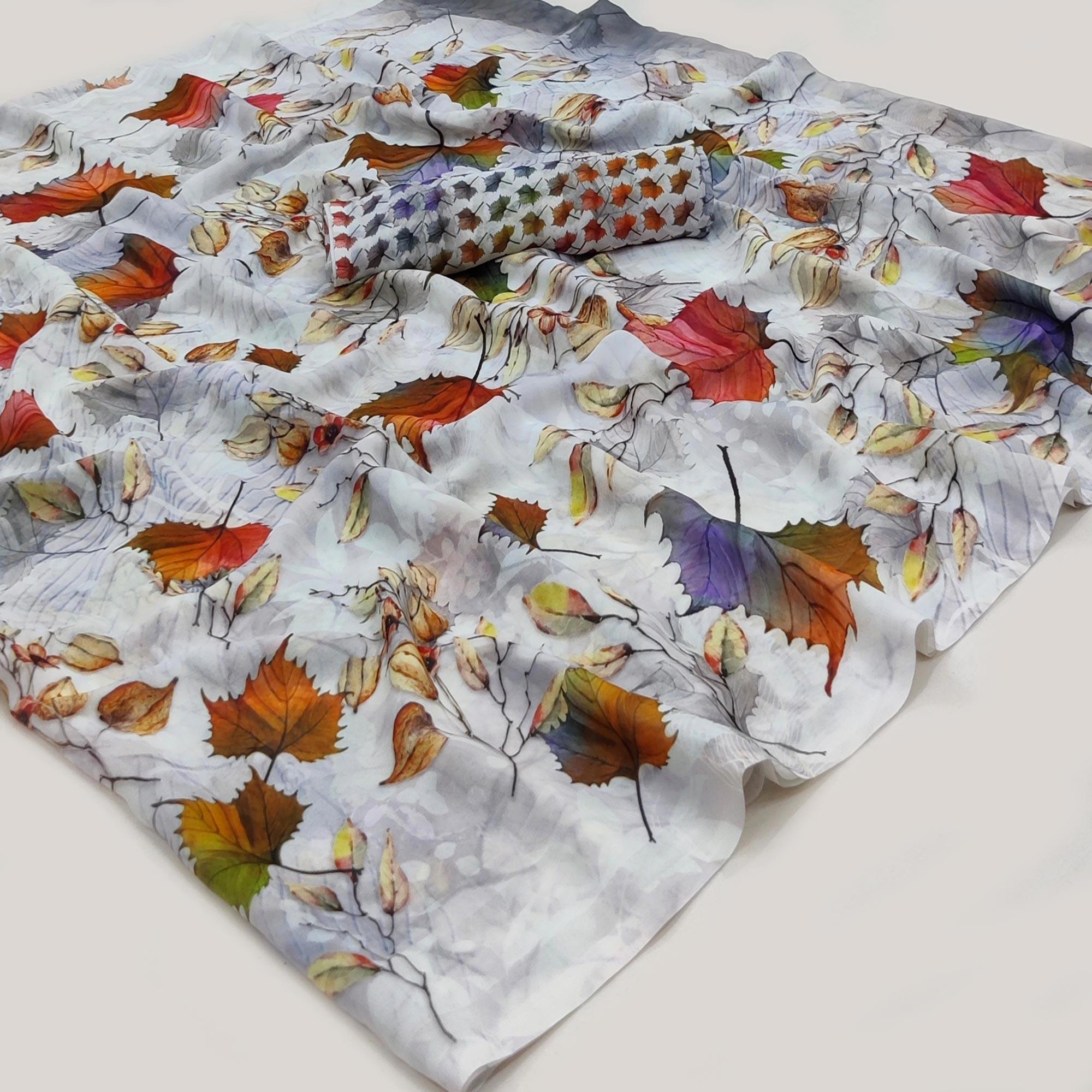 Light Grey Printed Georgette Saree - Peachmode