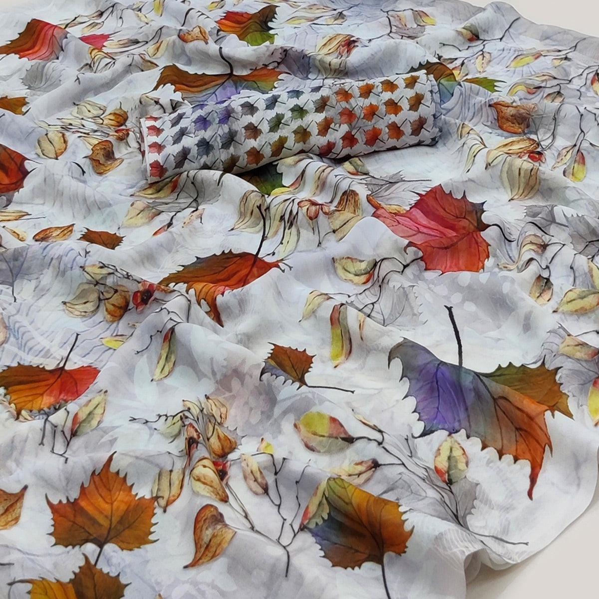 Light Grey Printed Georgette Saree - Peachmode