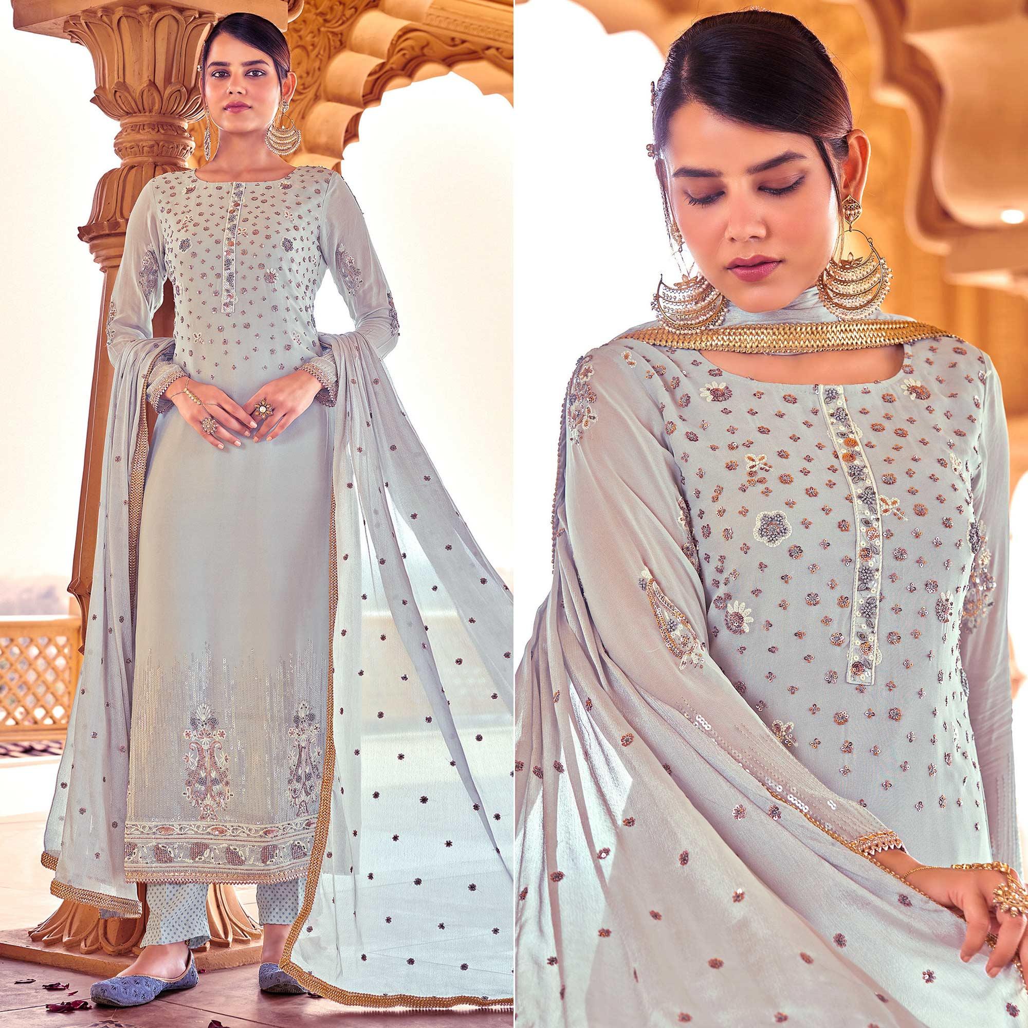 Light Grey Sequence Embroidered Georgette Suit - Peachmode