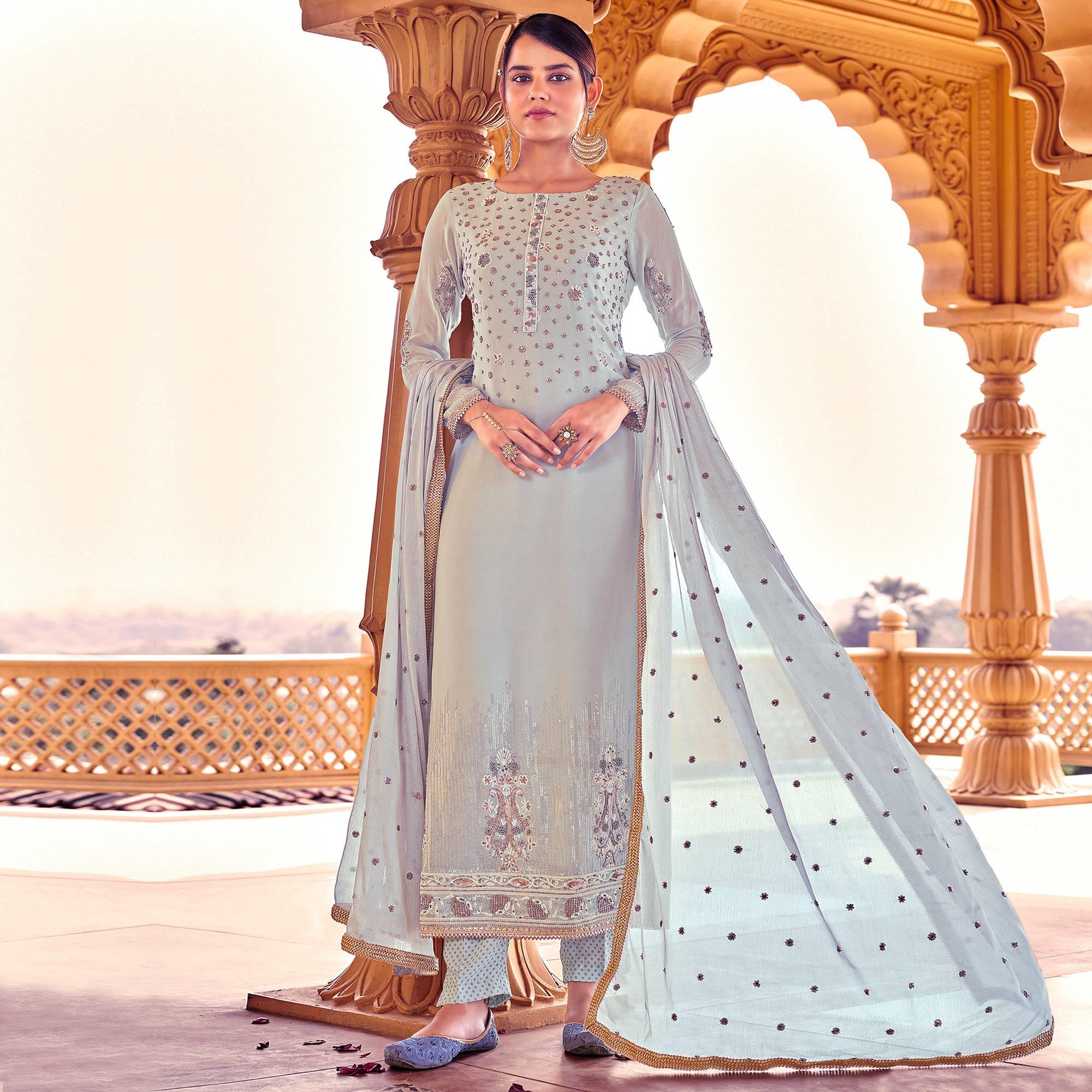 Light Grey Sequence Embroidered Georgette Suit - Peachmode