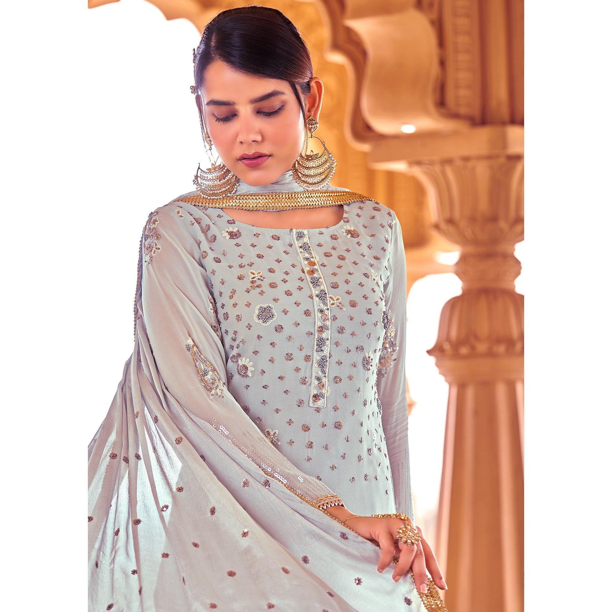 Light Grey Sequence Embroidered Georgette Suit - Peachmode