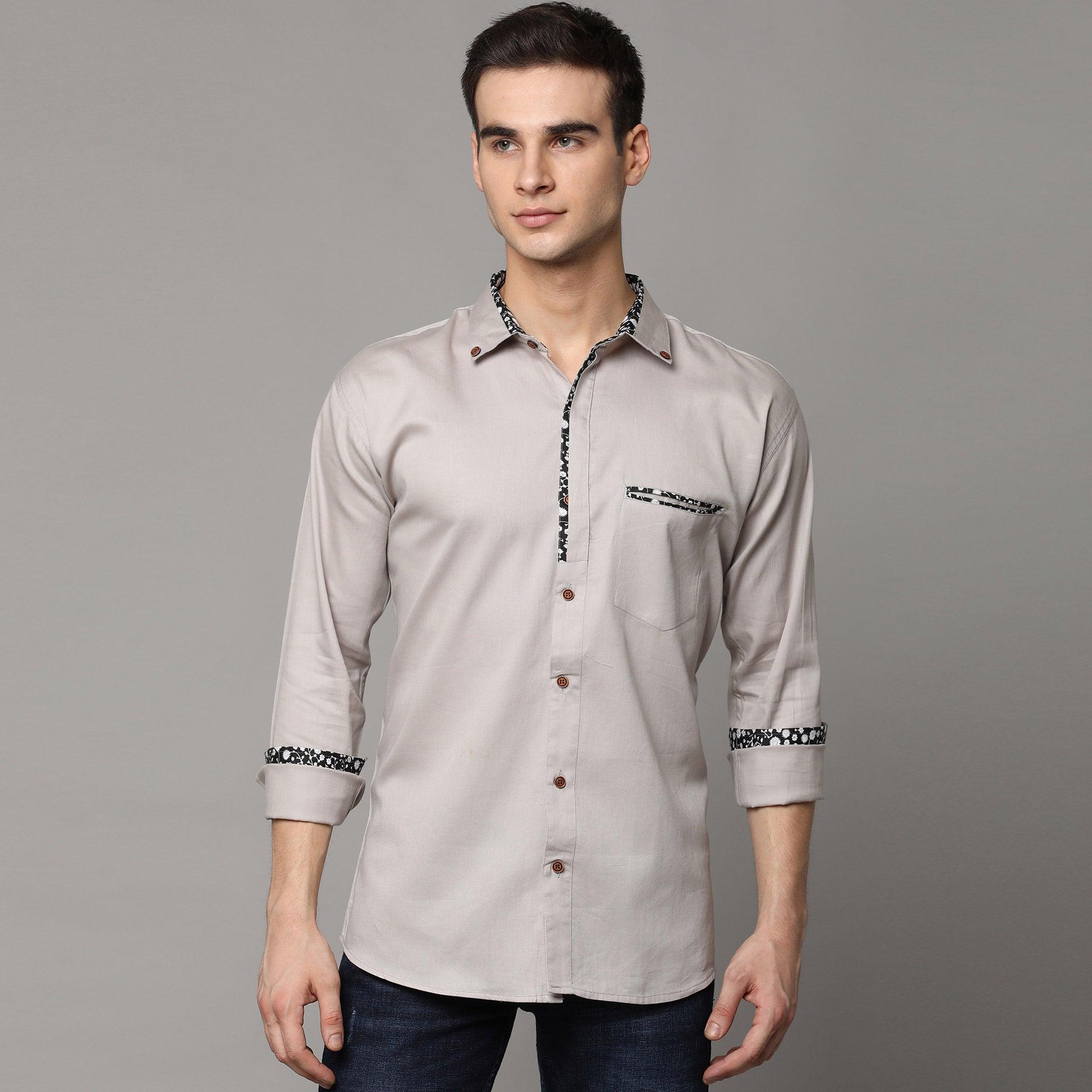 Light Grey Solid Pure Cotton Men's Shirt - Peachmode