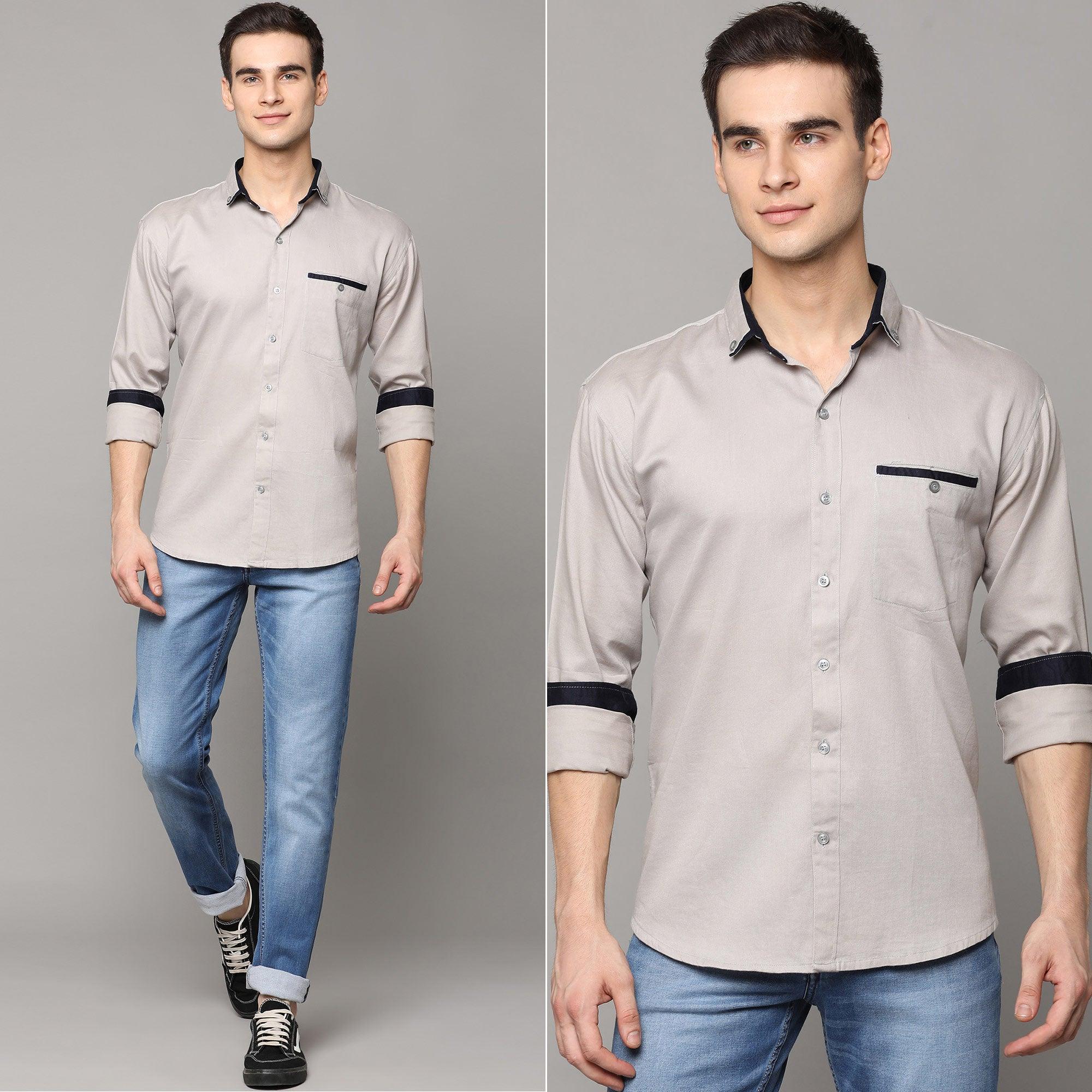 Light Grey Solid Pure Cotton Men's Shirt - Peachmode