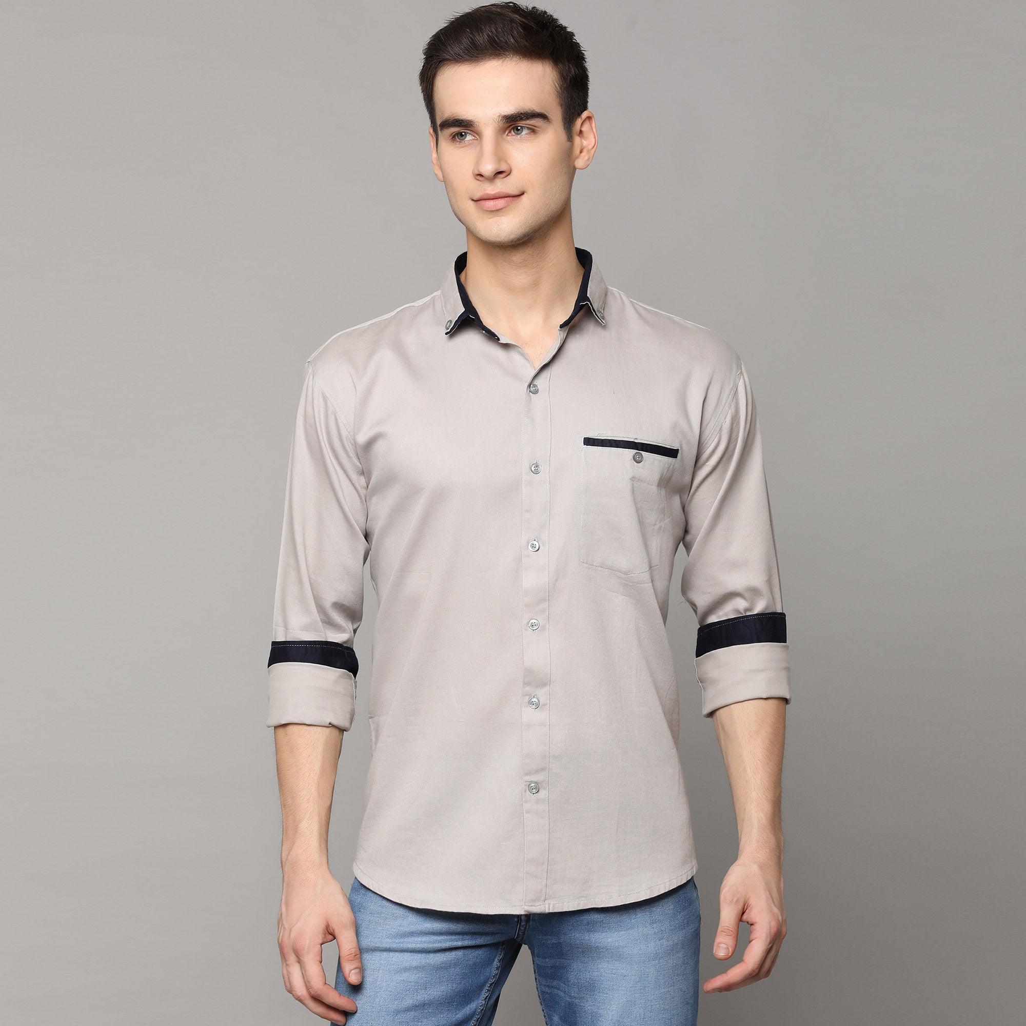 Light Grey Solid Pure Cotton Men's Shirt - Peachmode