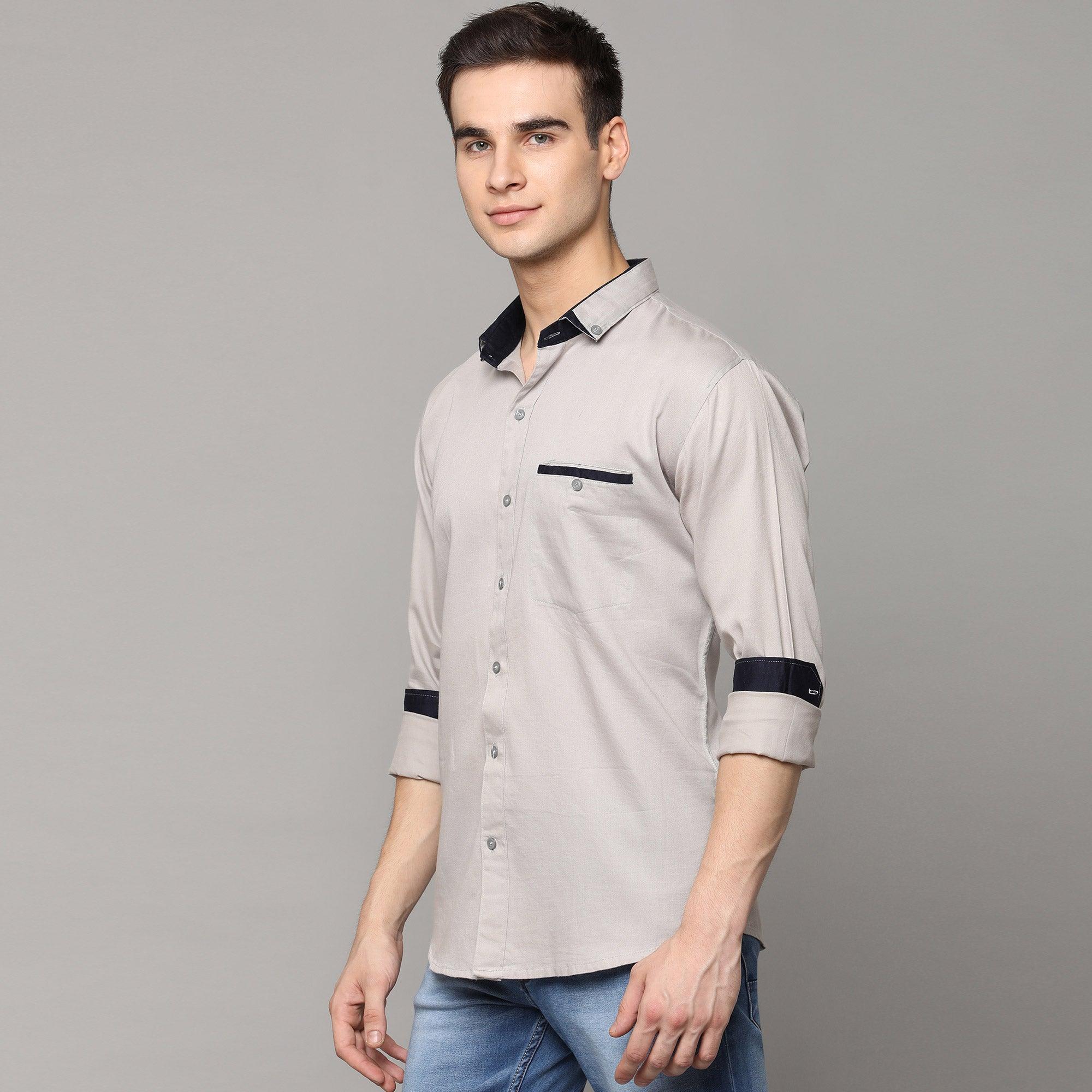 Light Grey Solid Pure Cotton Men's Shirt - Peachmode