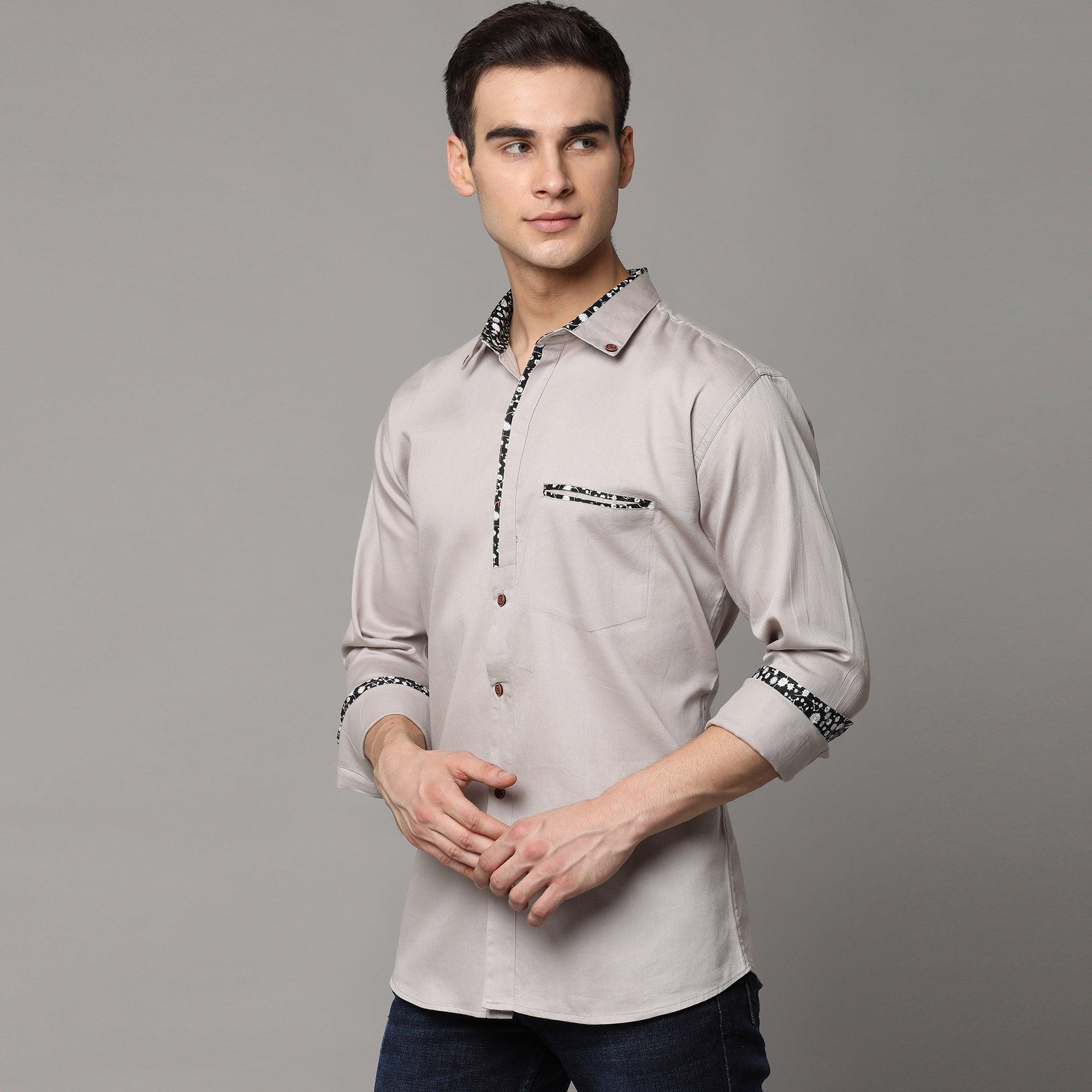 Light Grey Solid Pure Cotton Men's Shirt - Peachmode