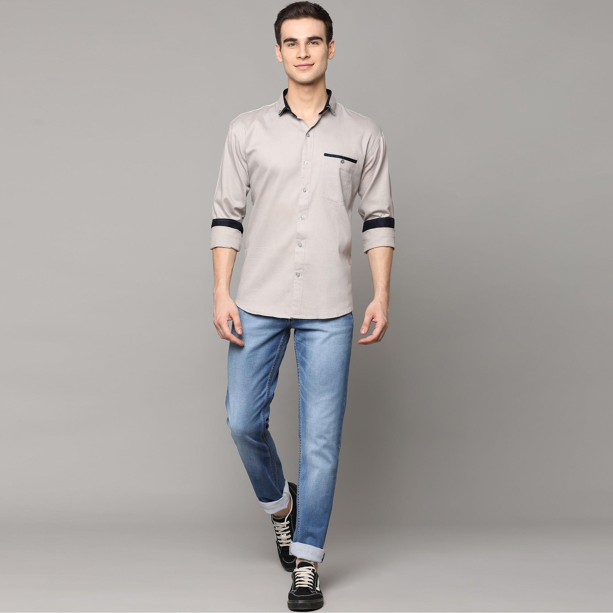 Light Grey Solid Pure Cotton Men's Shirt - Peachmode