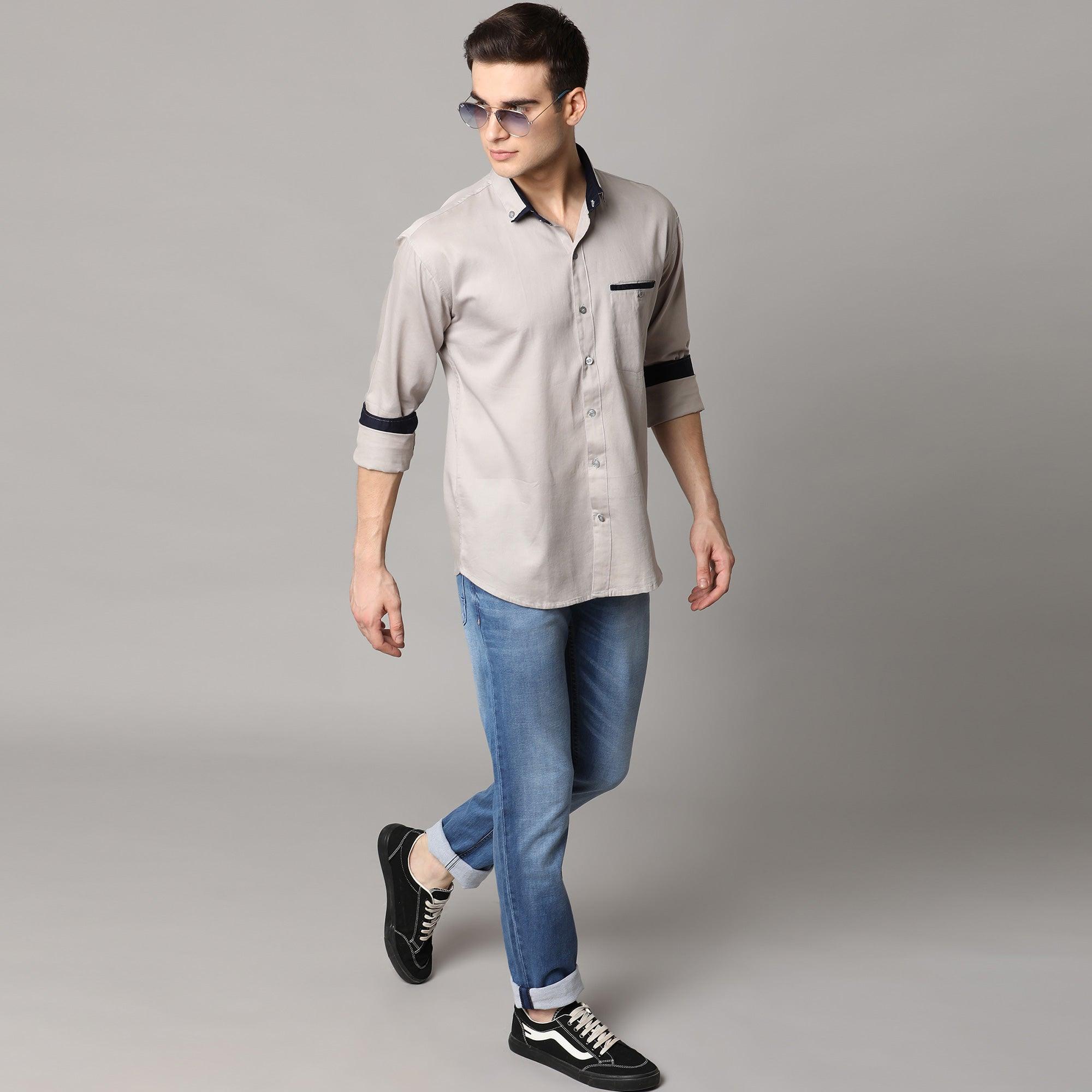 Light Grey Solid Pure Cotton Men's Shirt - Peachmode