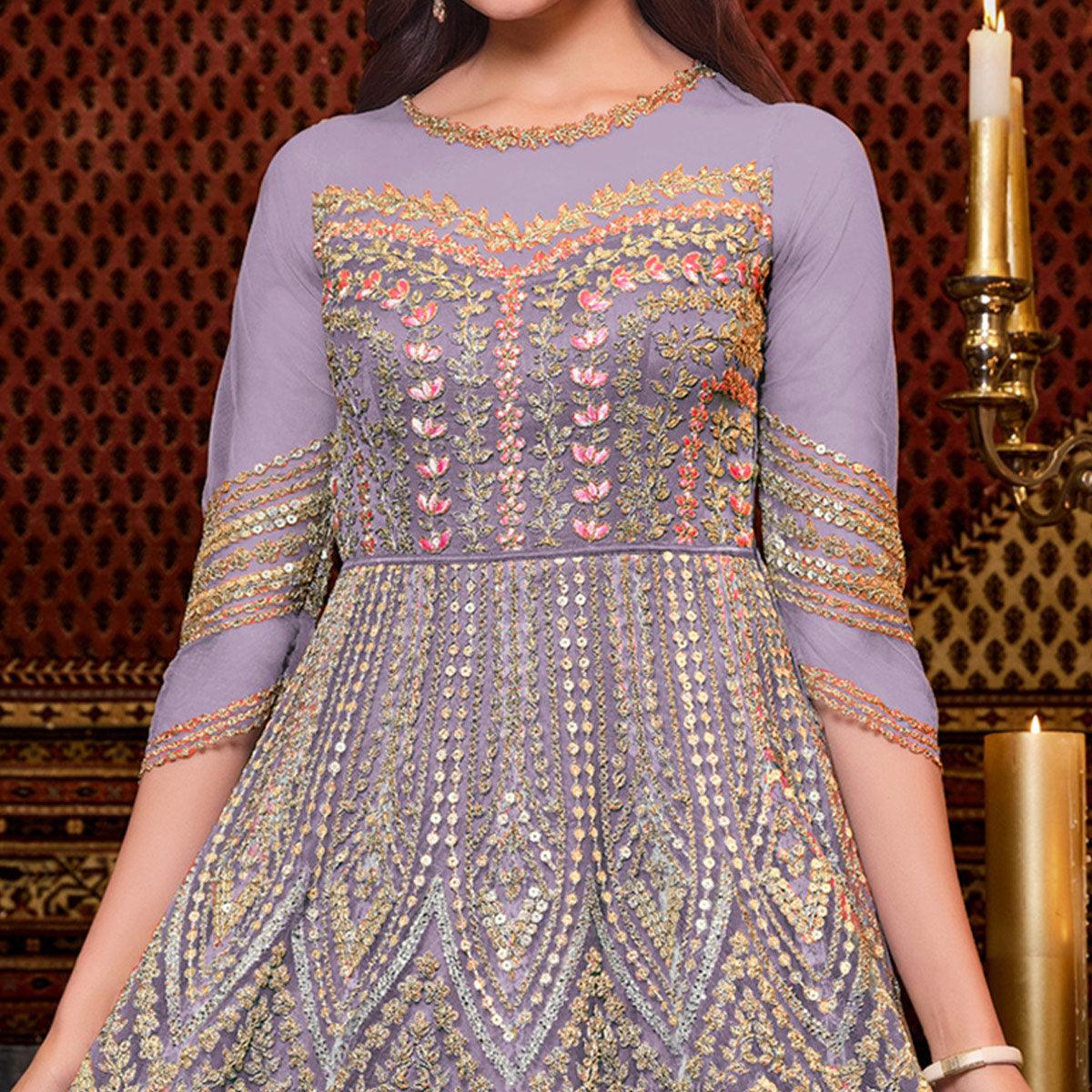 Light Lavendar Designer Partywear Embroidered Heavy Net Anarakali Suit - Peachmode