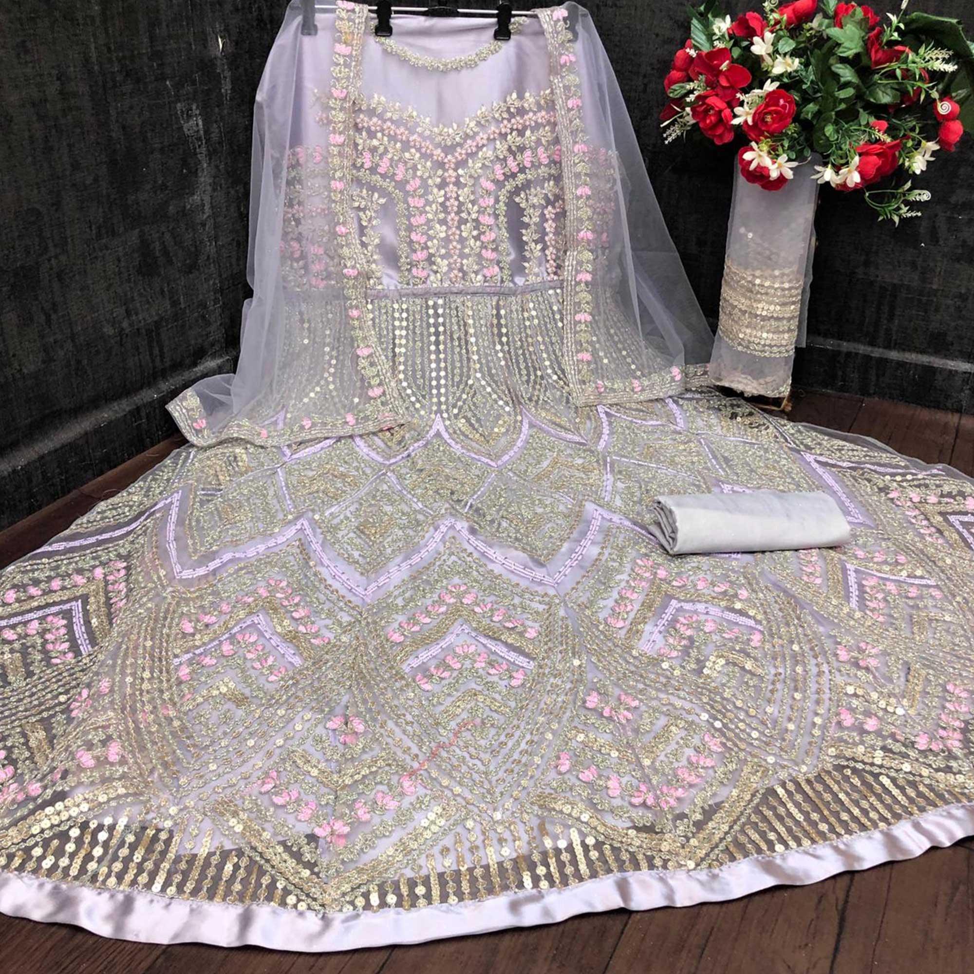 Light Lavendar Designer Partywear Embroidered Heavy Net Anarakali Suit - Peachmode