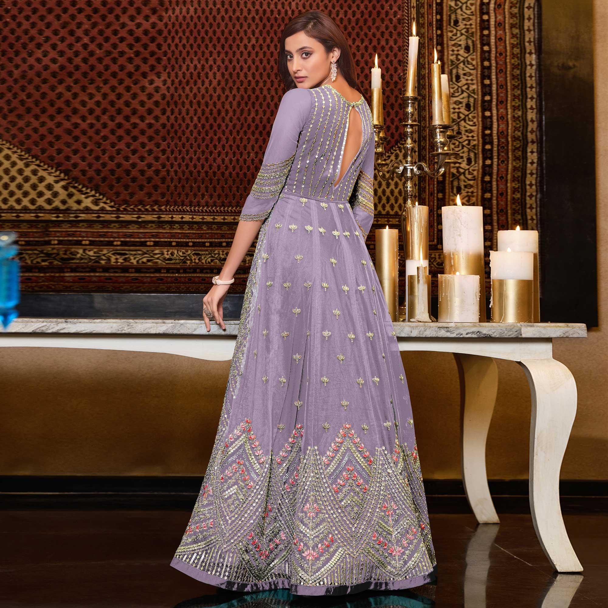 Light Lavendar Designer Partywear Embroidered Heavy Net Anarakali Suit - Peachmode