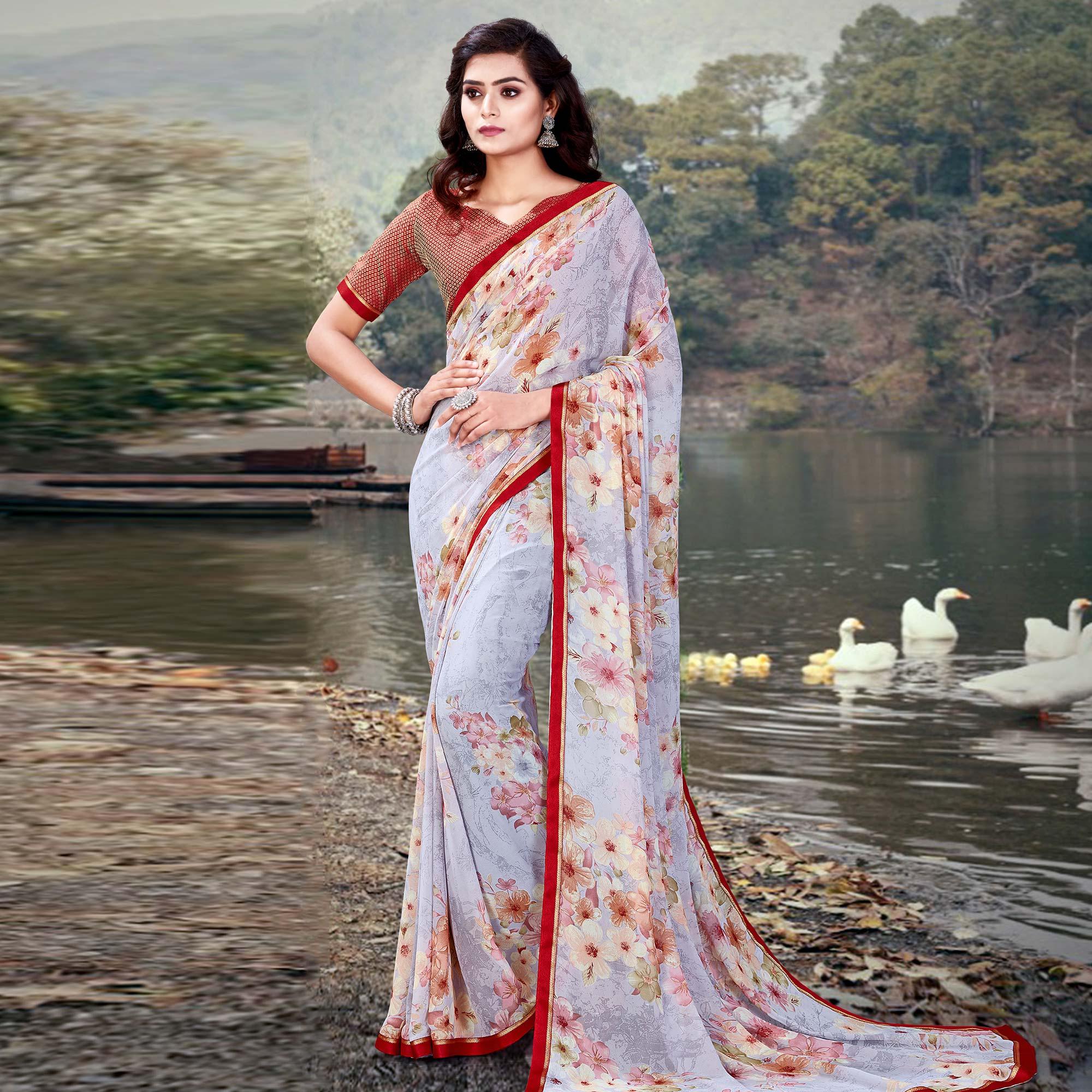 Light Lavender Casual Wear Floral Printed With Lace Border Weightless Georgette Saree - Peachmode