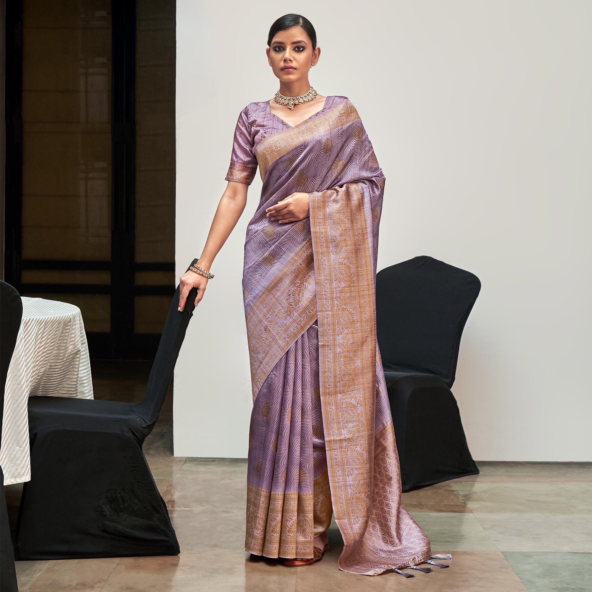 Light Lavender Digital Printed With Woven Border Art Silk Saree - Peachmode