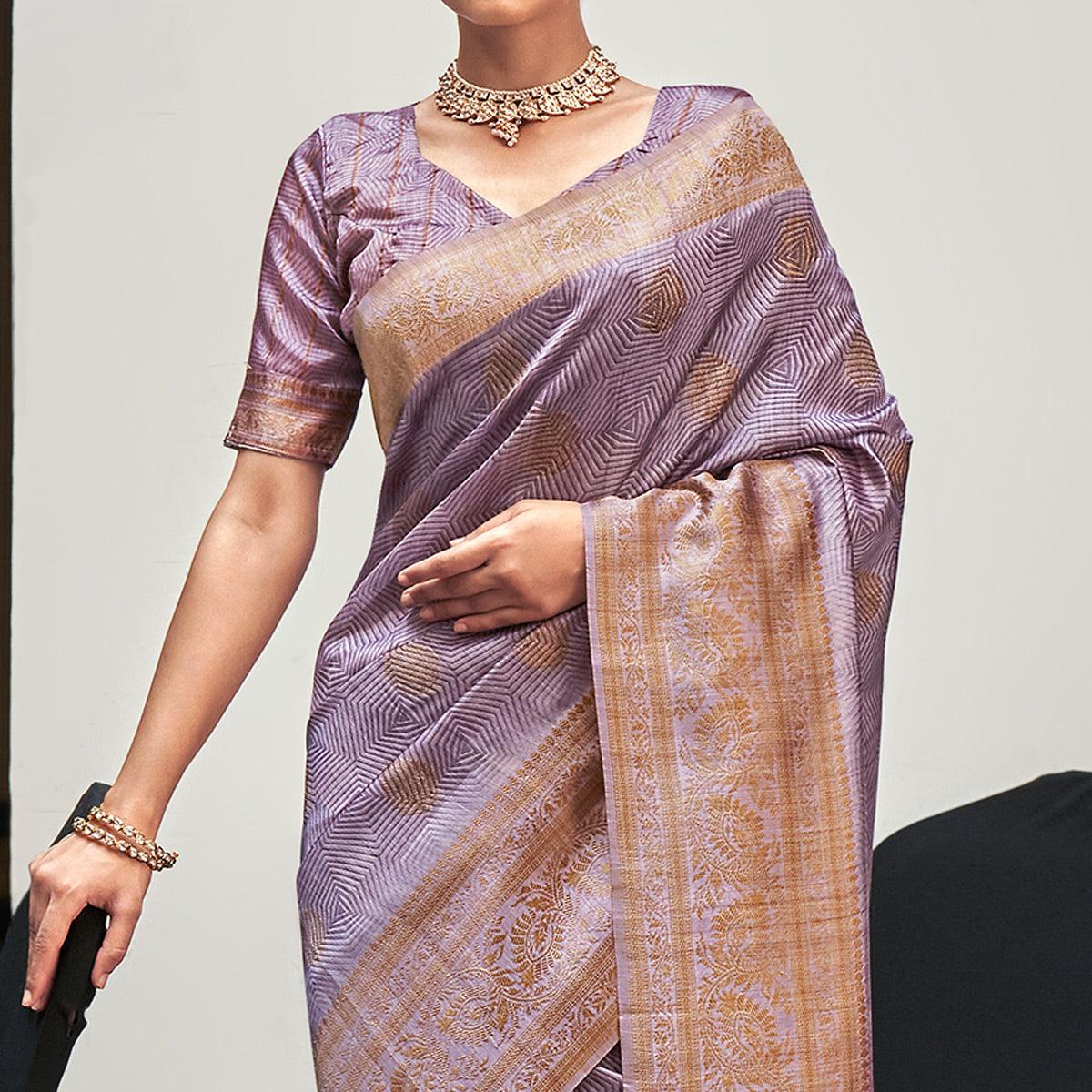 Light Lavender Digital Printed With Woven Border Art Silk Saree - Peachmode