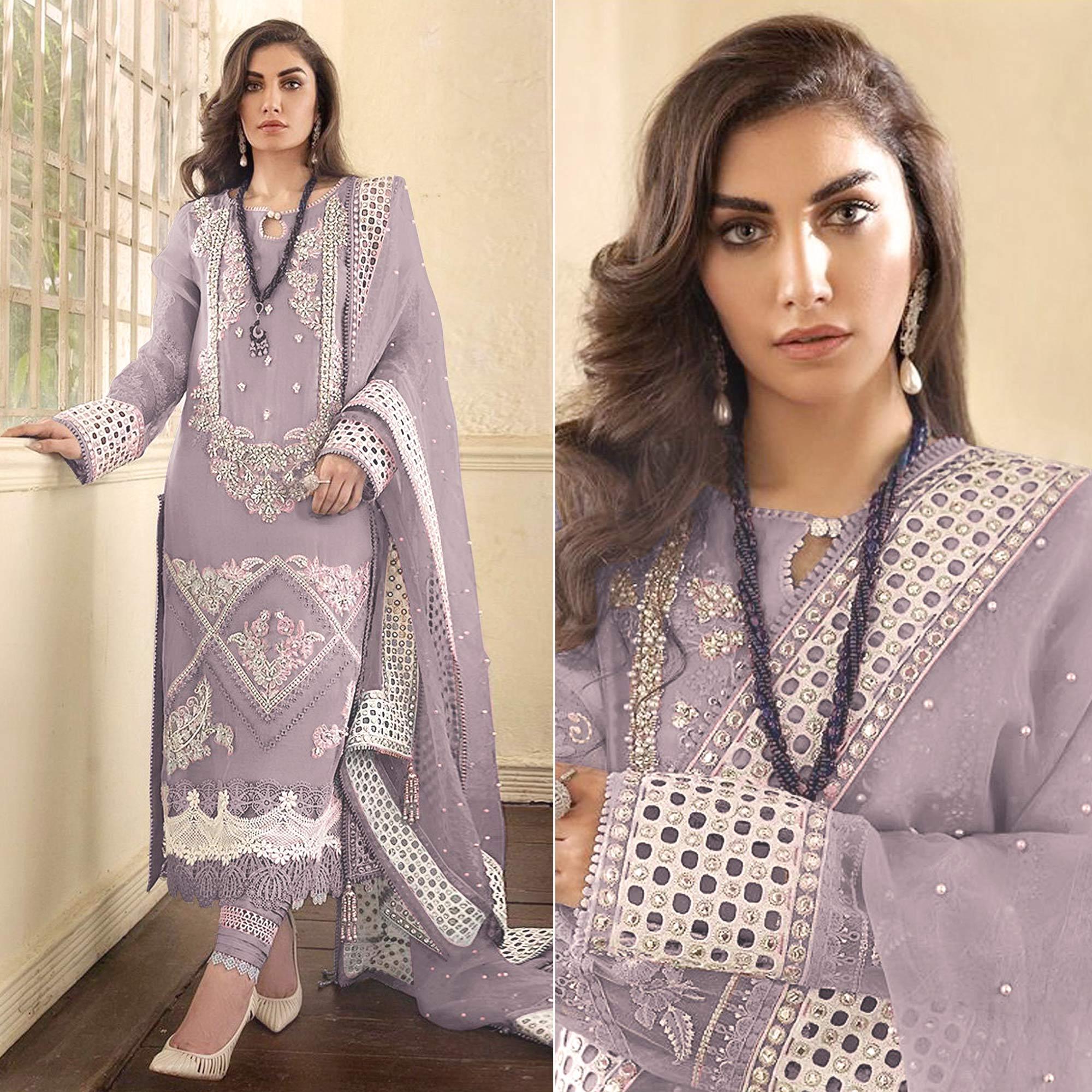Light Lavender Embellished With Embroidered Georgette Pakistani Suit - Peachmode