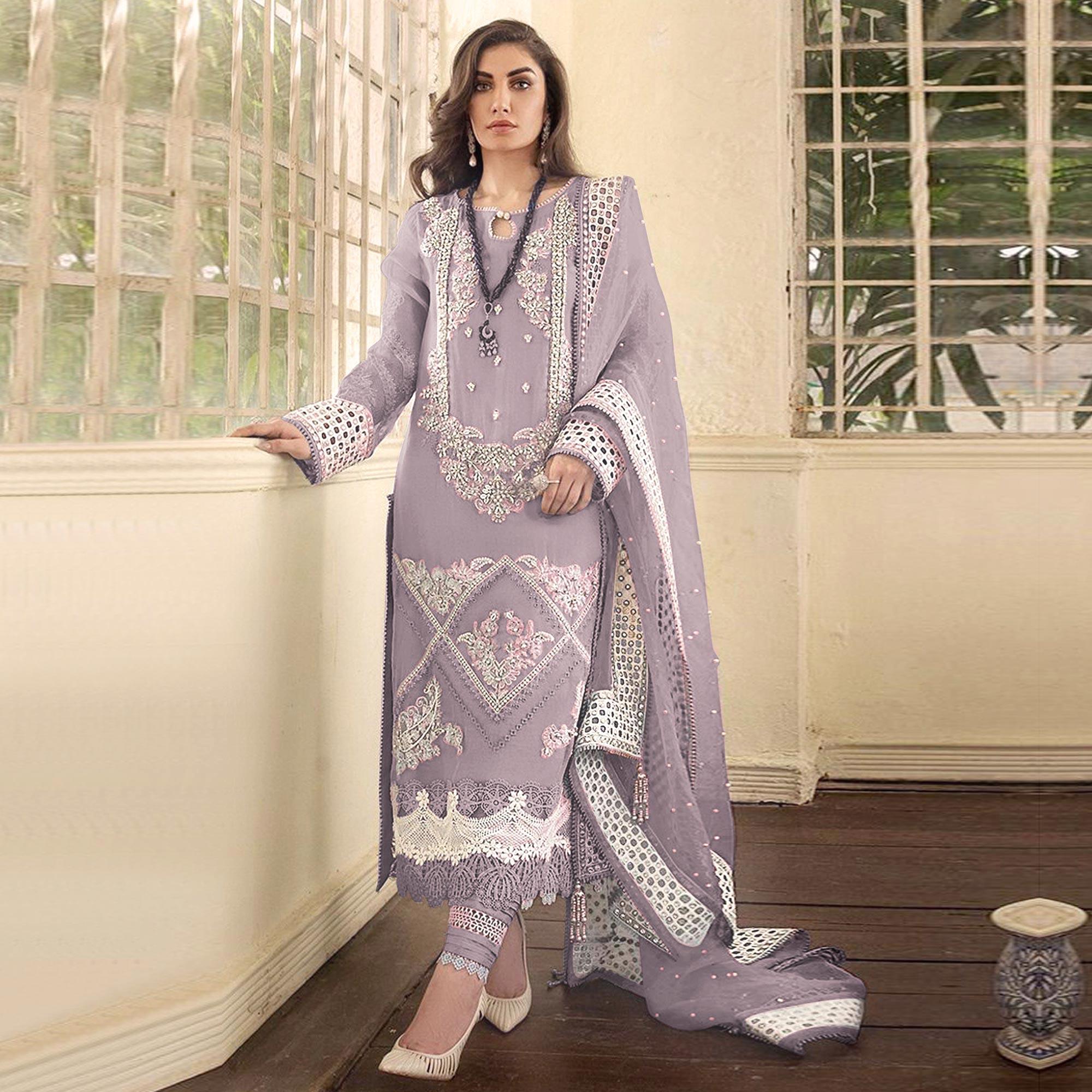 Light Lavender Embellished With Embroidered Georgette Pakistani Suit - Peachmode